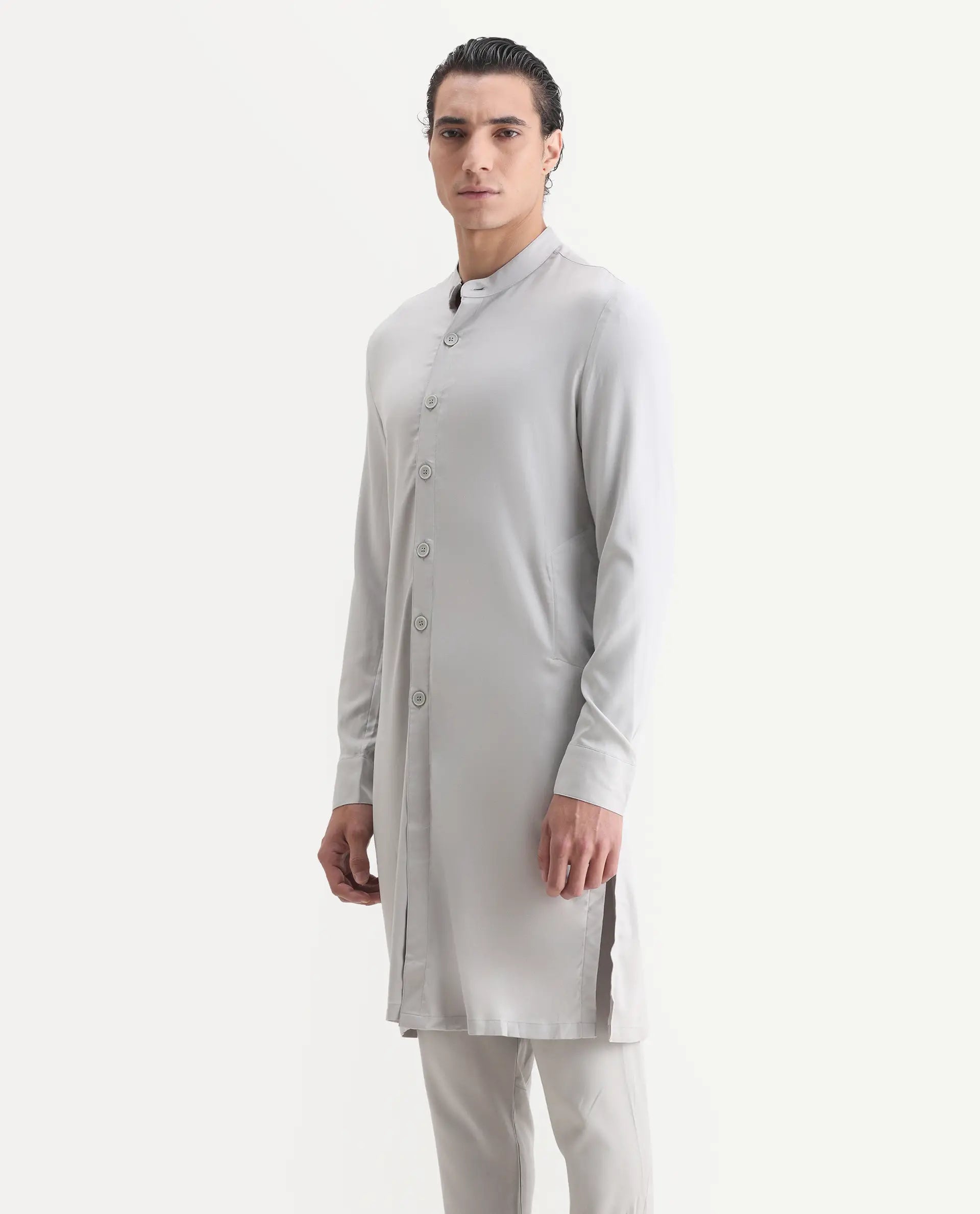 Rare Rabbit Men's Lasmosk Light Grey Plain Regular Fit Full Sleeve Mandarin Collar Kurta
