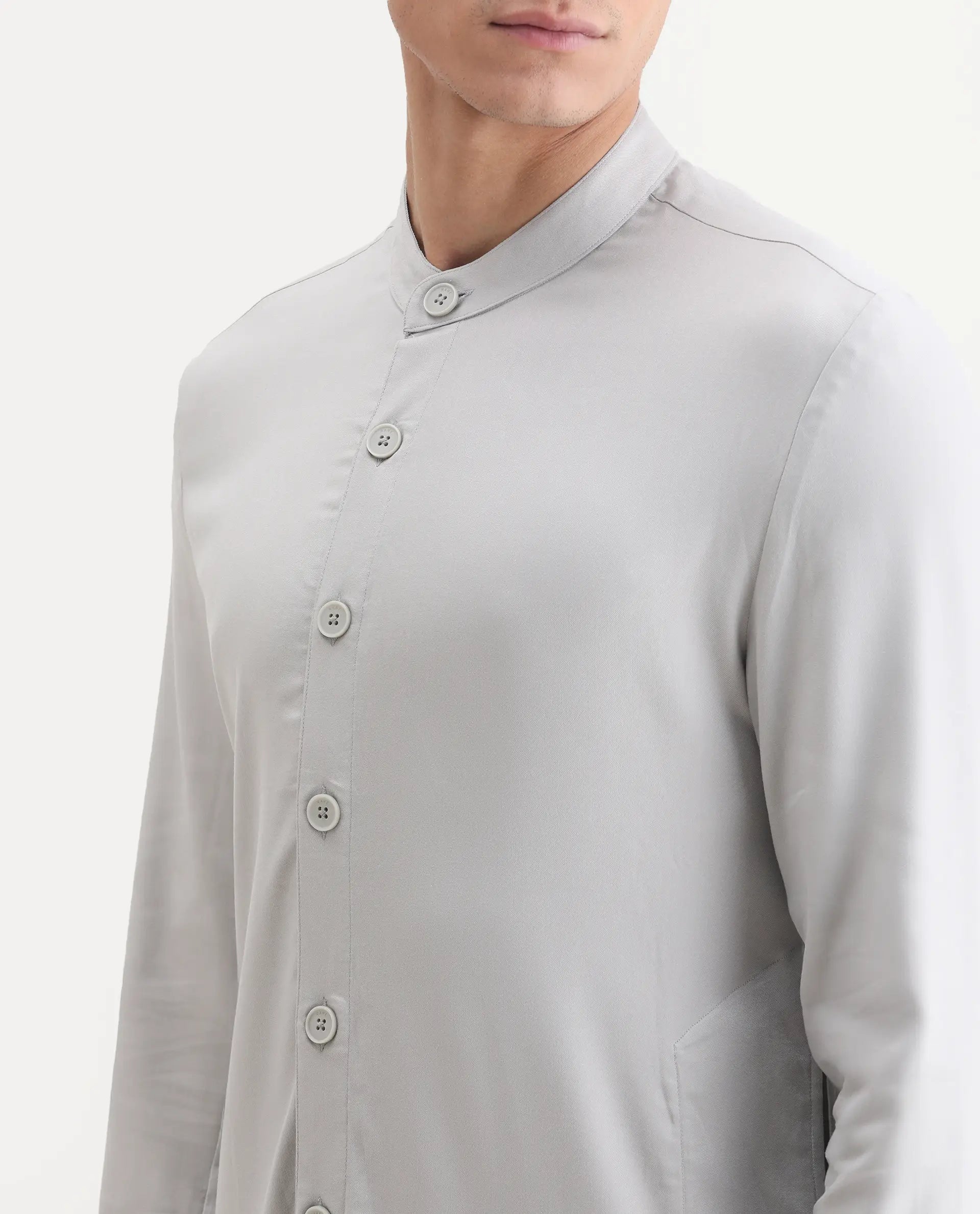 Rare Rabbit Men's Lasmosk Light Grey Plain Regular Fit Full Sleeve Mandarin Collar Kurta