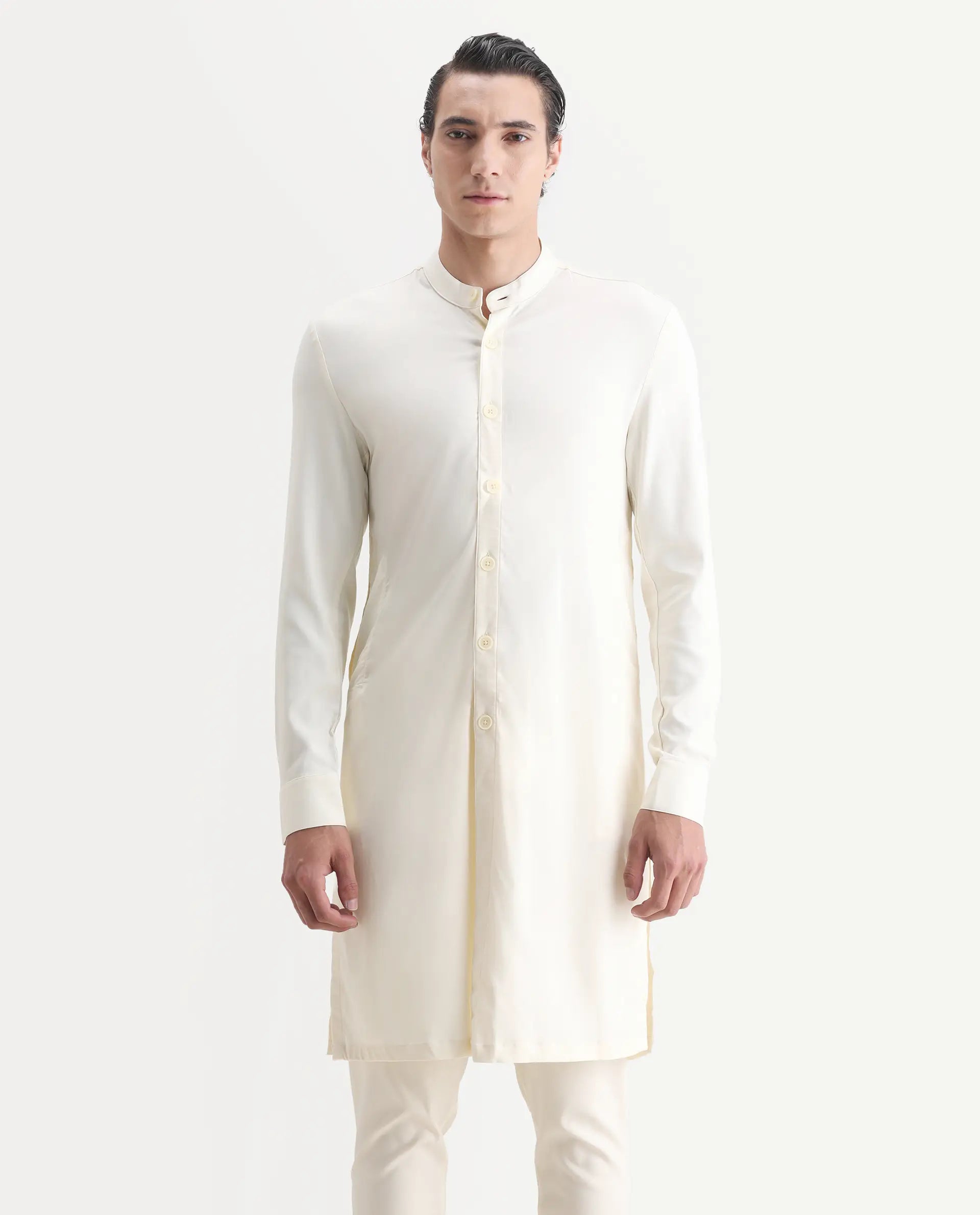 Rare Rabbit Men's Lasmosk Off White Plain Regular Fit Full Sleeve Mandarin Collar Kurta