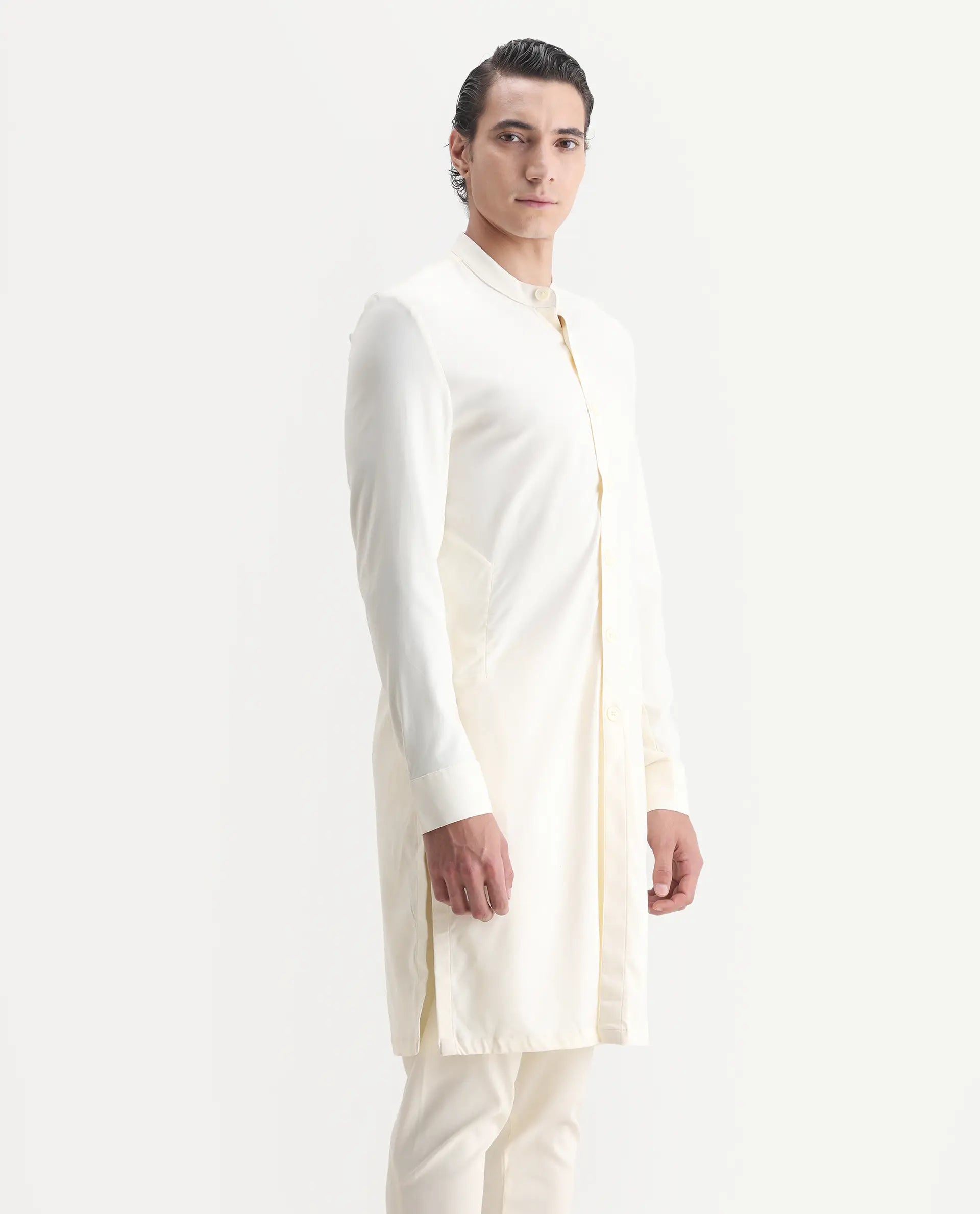 Rare Rabbit Men's Lasmosk Off White Plain Regular Fit Full Sleeve Mandarin Collar Kurta