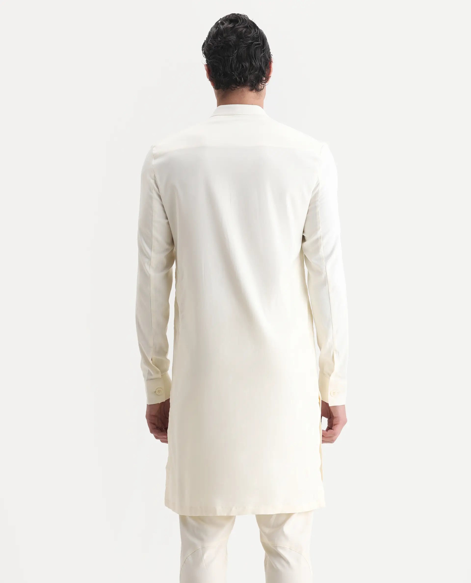 Rare Rabbit Men's Lasmosk Off White Plain Regular Fit Full Sleeve Mandarin Collar Kurta