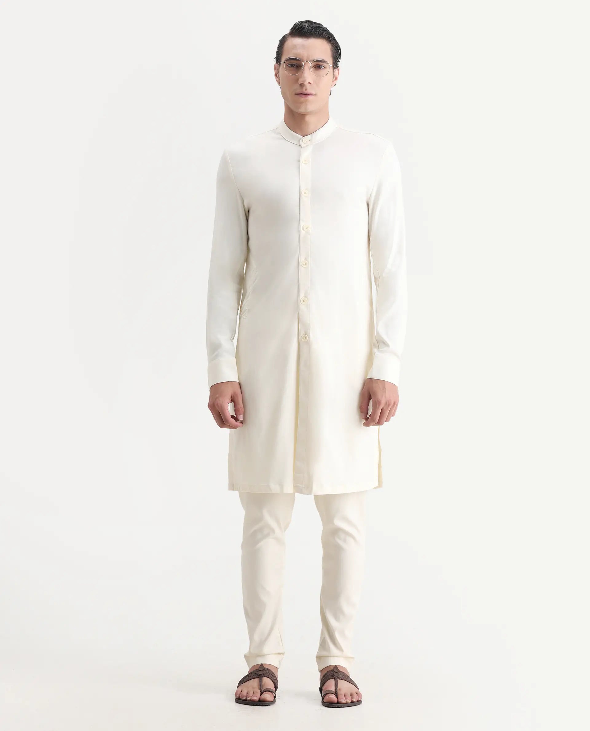 Rare Rabbit Men's Lasmosk Off White Plain Regular Fit Full Sleeve Mandarin Collar Kurta