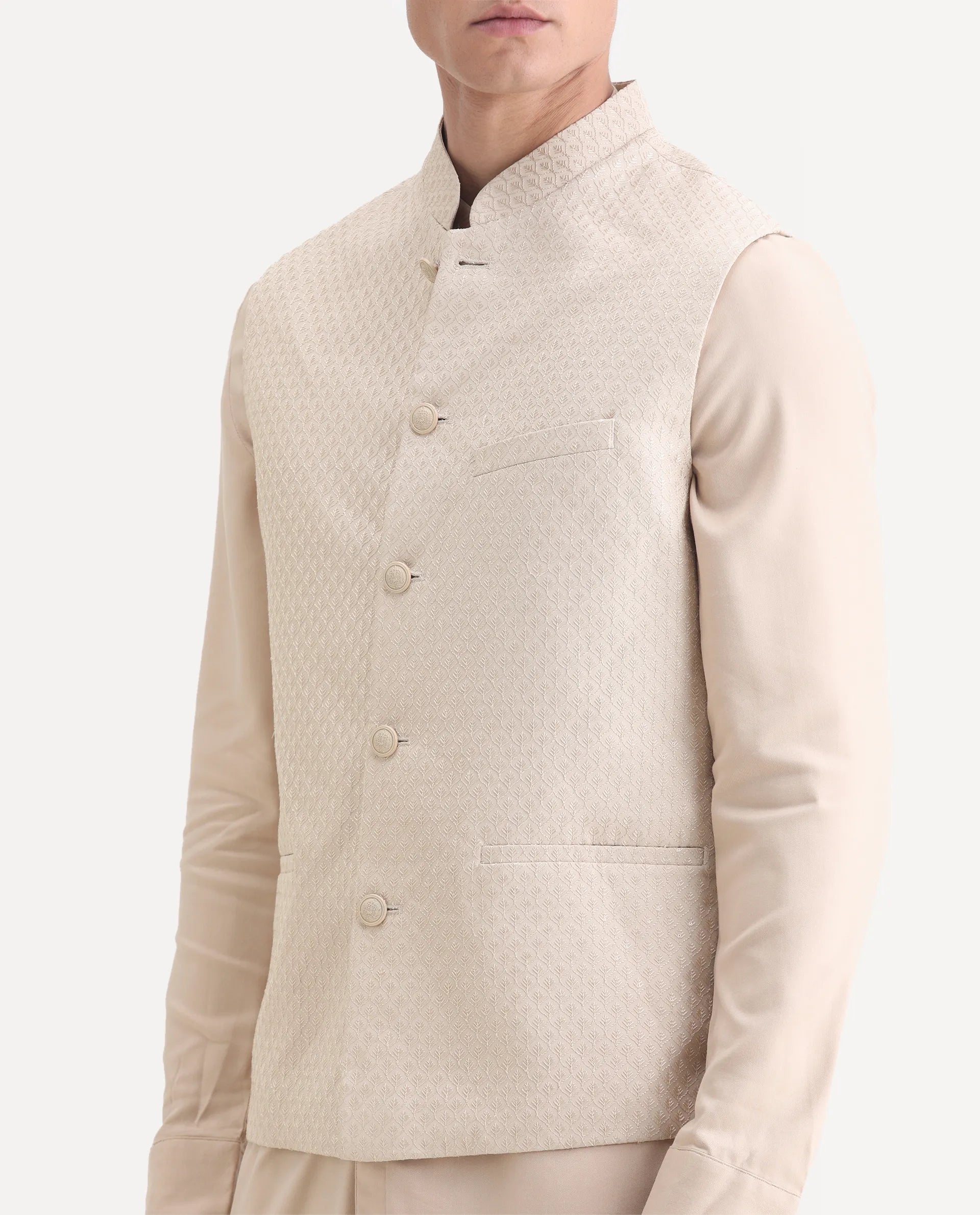 Rare Rabbit Men's Lasmos-Kpb Beige Viscose Embroidered Regular Fit Full Sleeve Mandarin Collar Kurta Suit