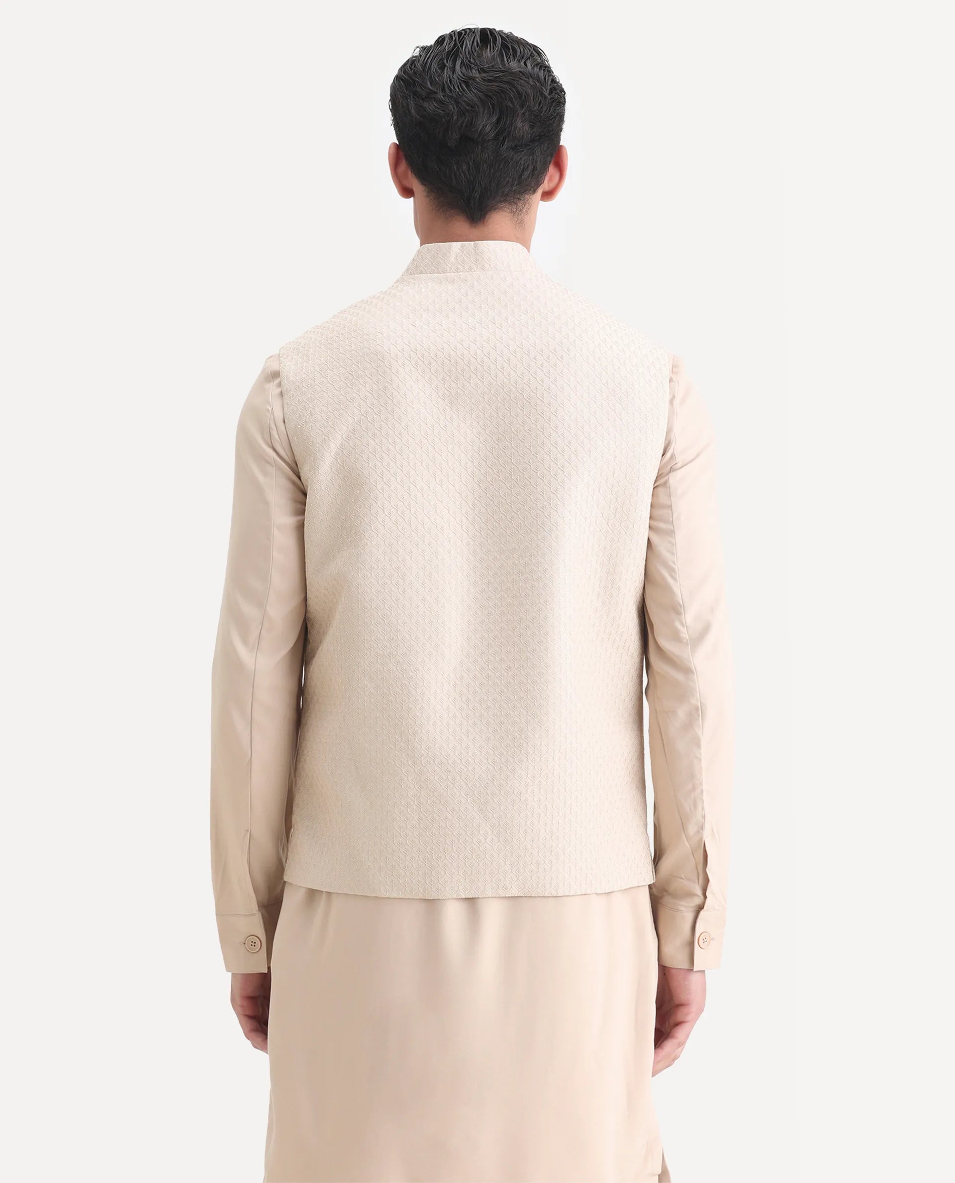 Rare Rabbit Men's Lasmos-Kpb Beige Viscose Embroidered Regular Fit Full Sleeve Mandarin Collar Kurta Suit