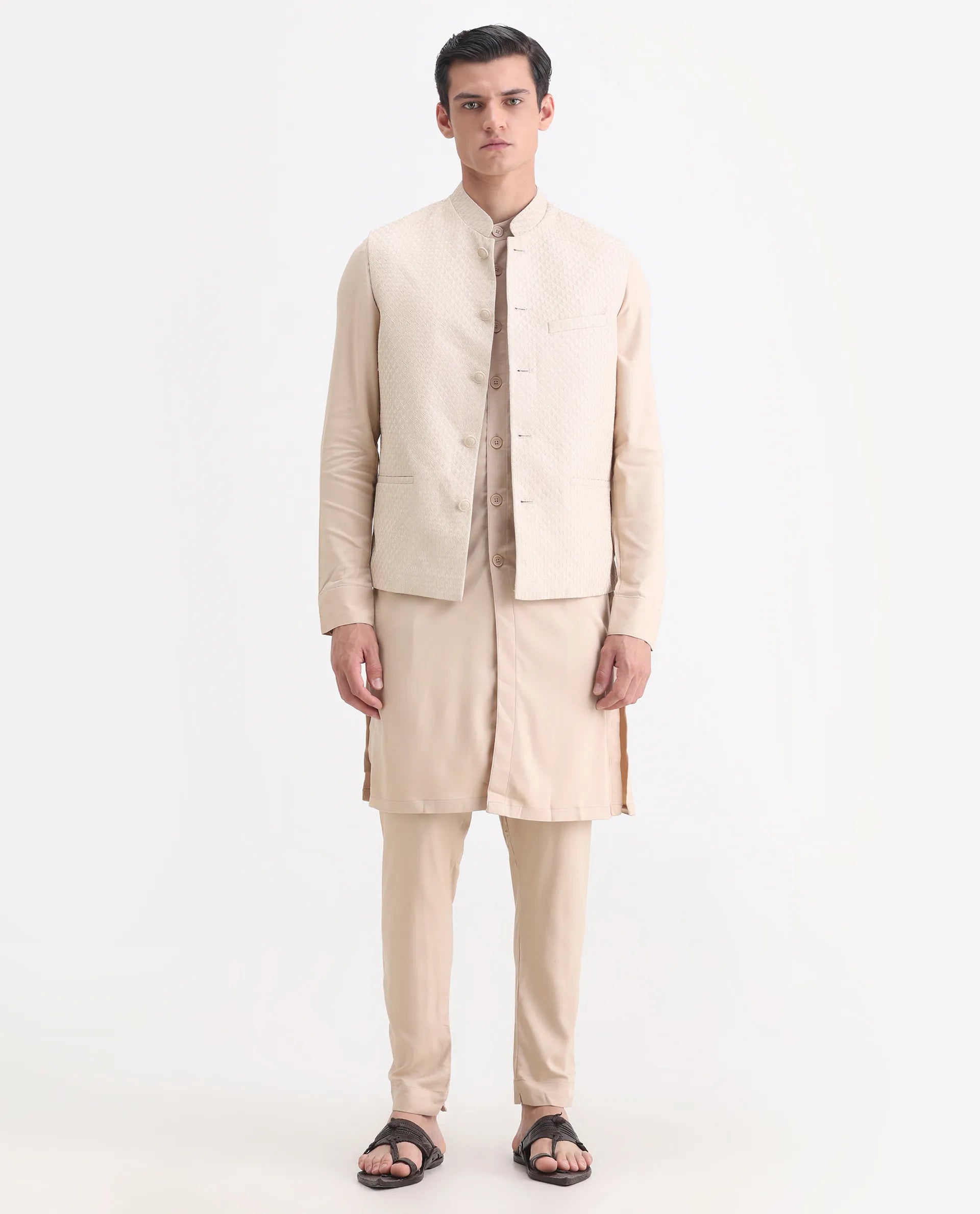 Rare Rabbit Men's Lasmos-Kpb Beige Viscose Embroidered Regular Fit Full Sleeve Mandarin Collar Kurta Suit