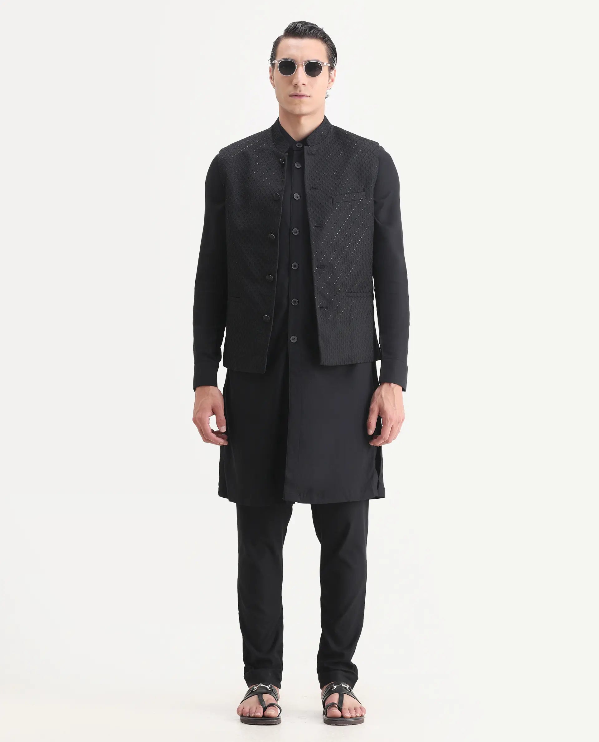 Rare Rabbit Men's Lasmos-Kpb Black Viscose Embroidered Regular Fit Full Sleeve Mandarin Collar Kurta Suit
