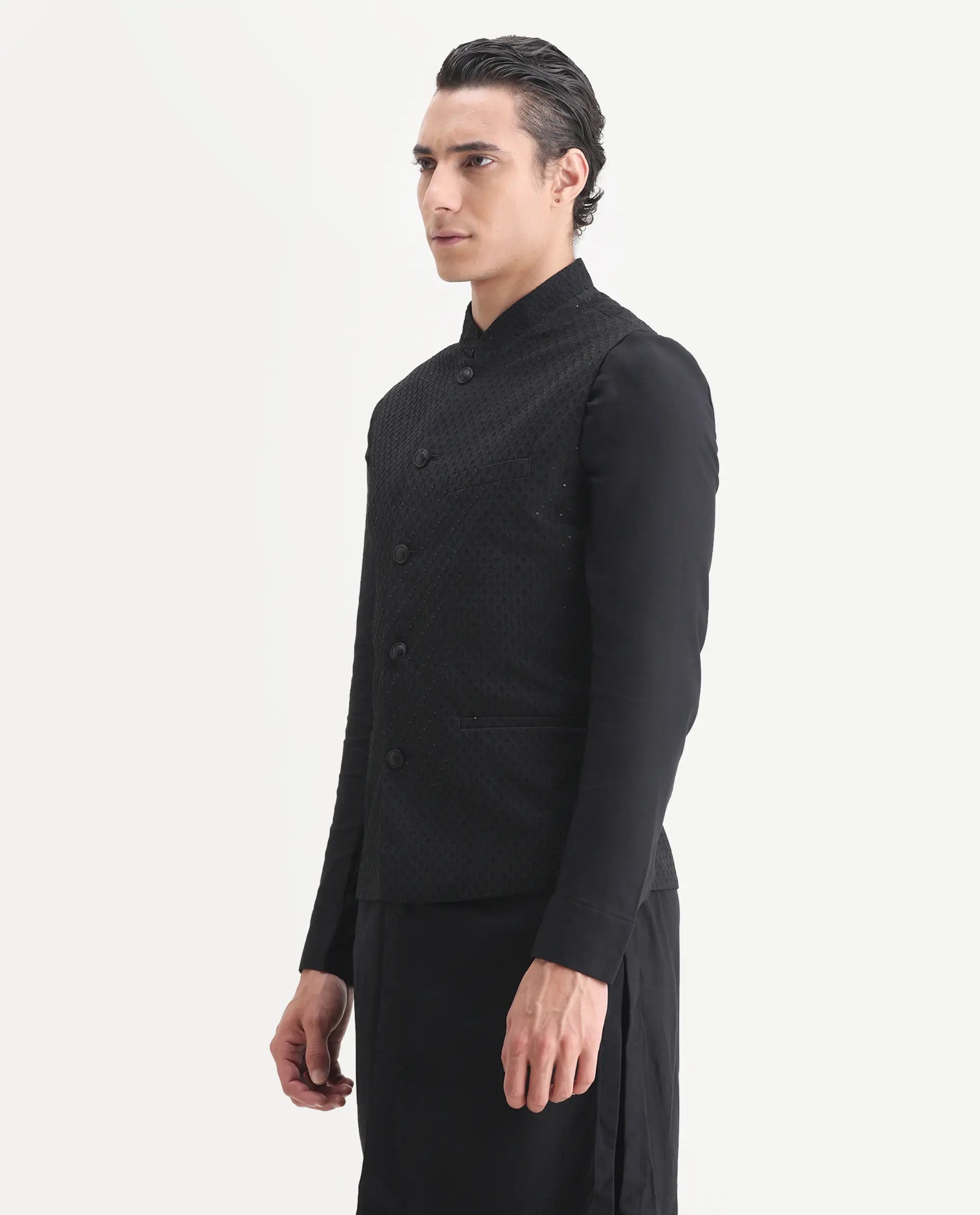 Rare Rabbit Men's Lasmos-Kpb Black Viscose Embroidered Regular Fit Full Sleeve Mandarin Collar Kurta Suit