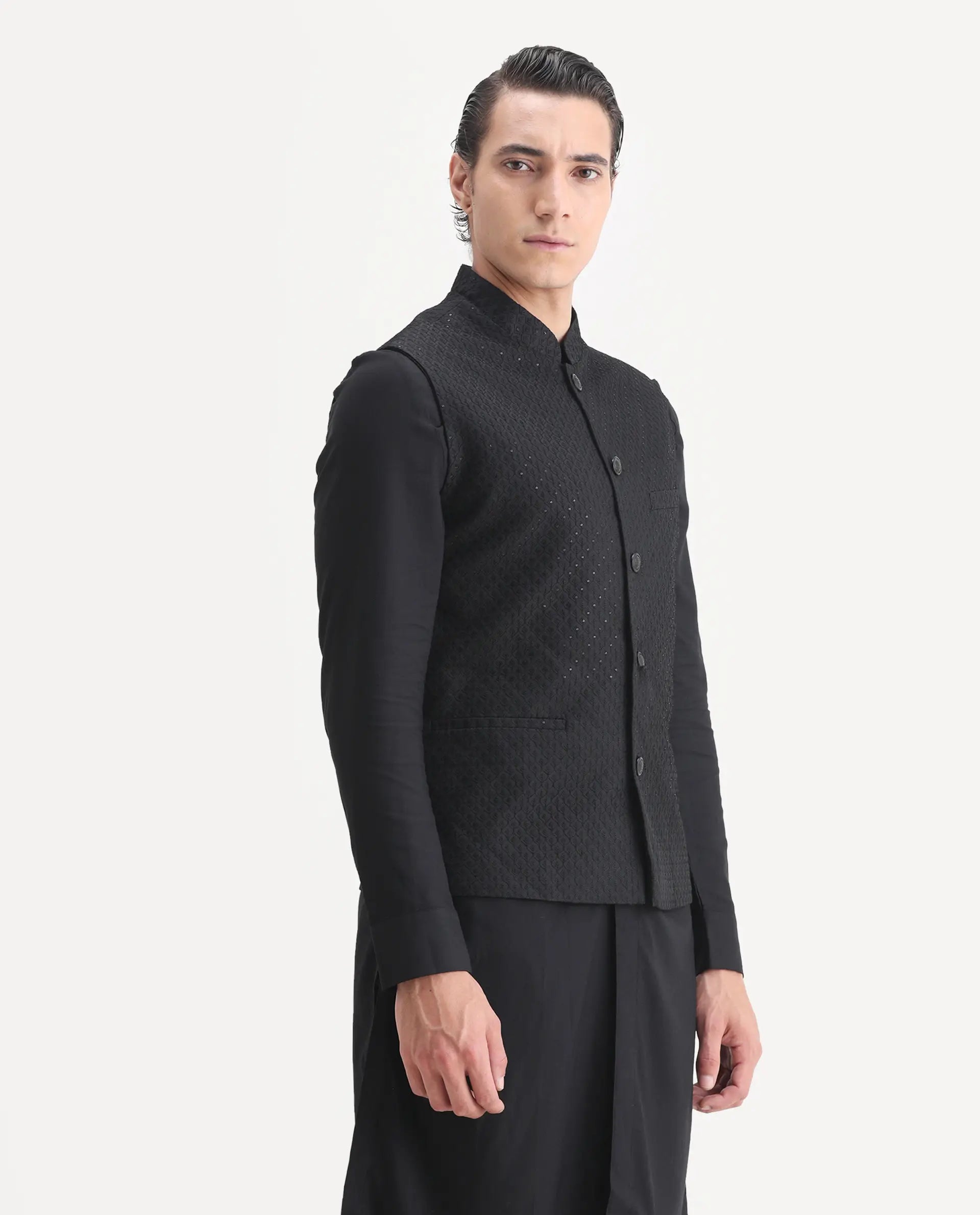 Rare Rabbit Men's Lasmos-Kpb Black Viscose Embroidered Regular Fit Full Sleeve Mandarin Collar Kurta Suit