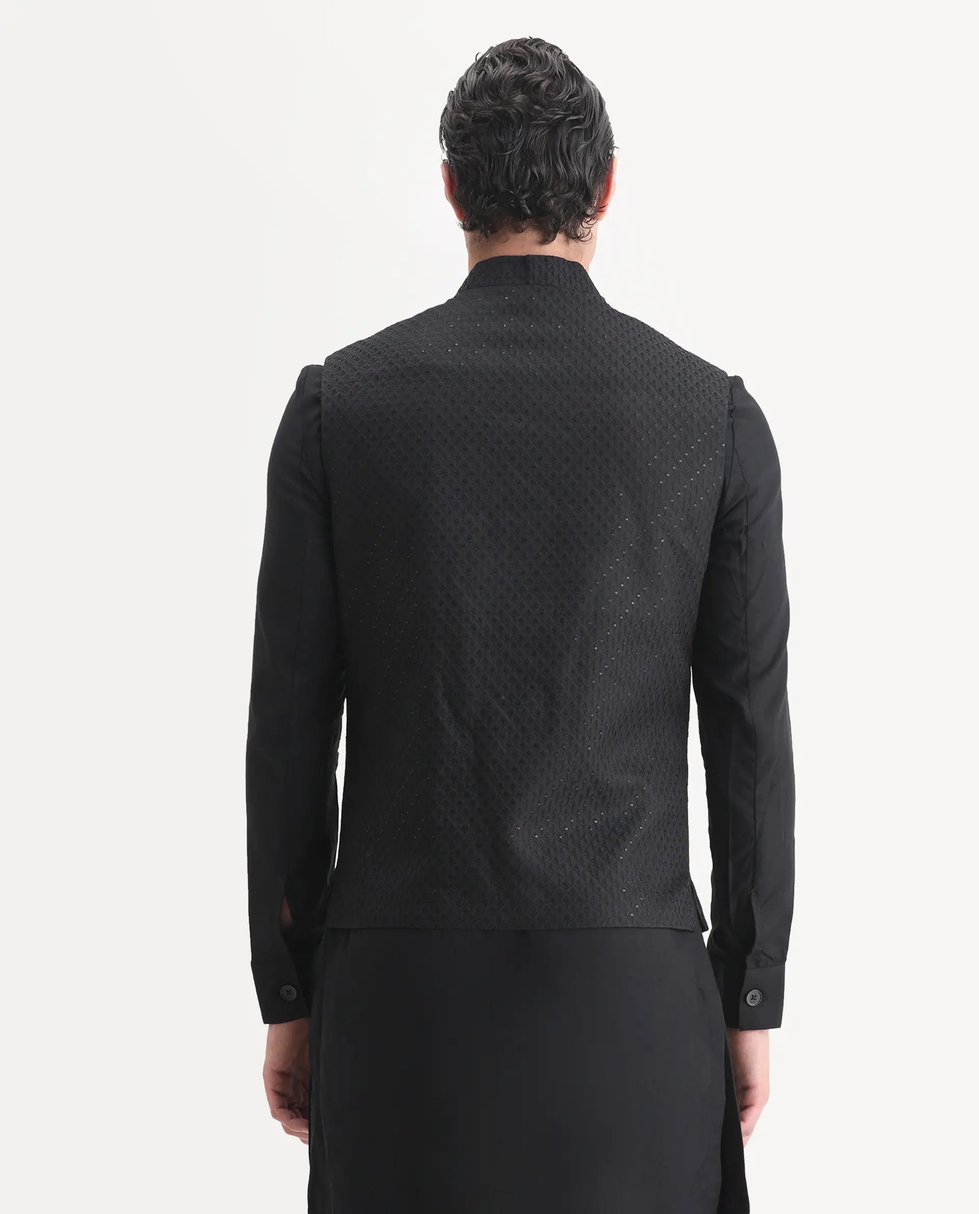 Rare Rabbit Men's Lasmos-Kpb Black Viscose Embroidered Regular Fit Full Sleeve Mandarin Collar Kurta Suit