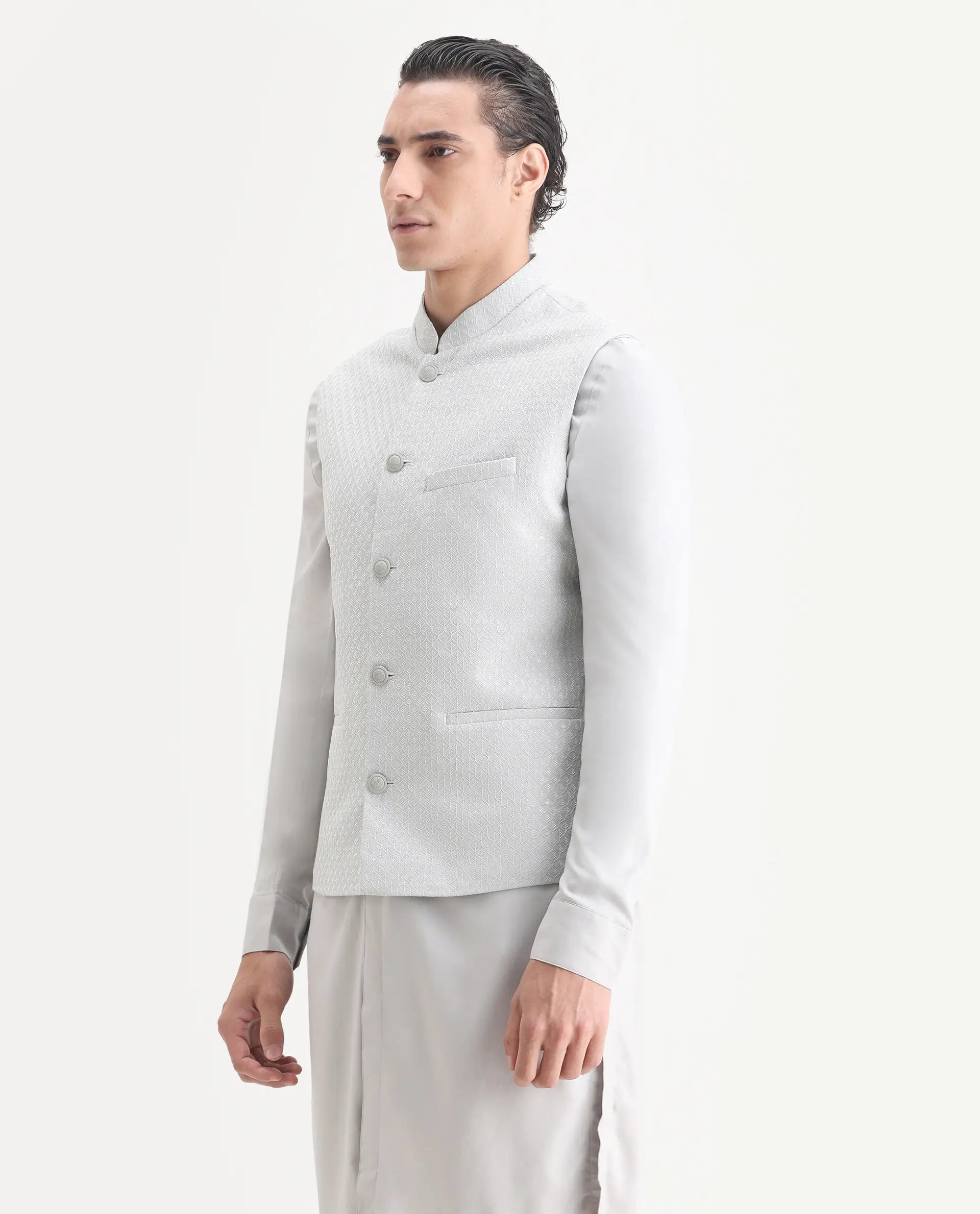 Rare Rabbit Men's Lasmos Kpb Light Grey Viscose Embroidered Regular Fit Full Sleeve Mandarin Collar Kurta Suit