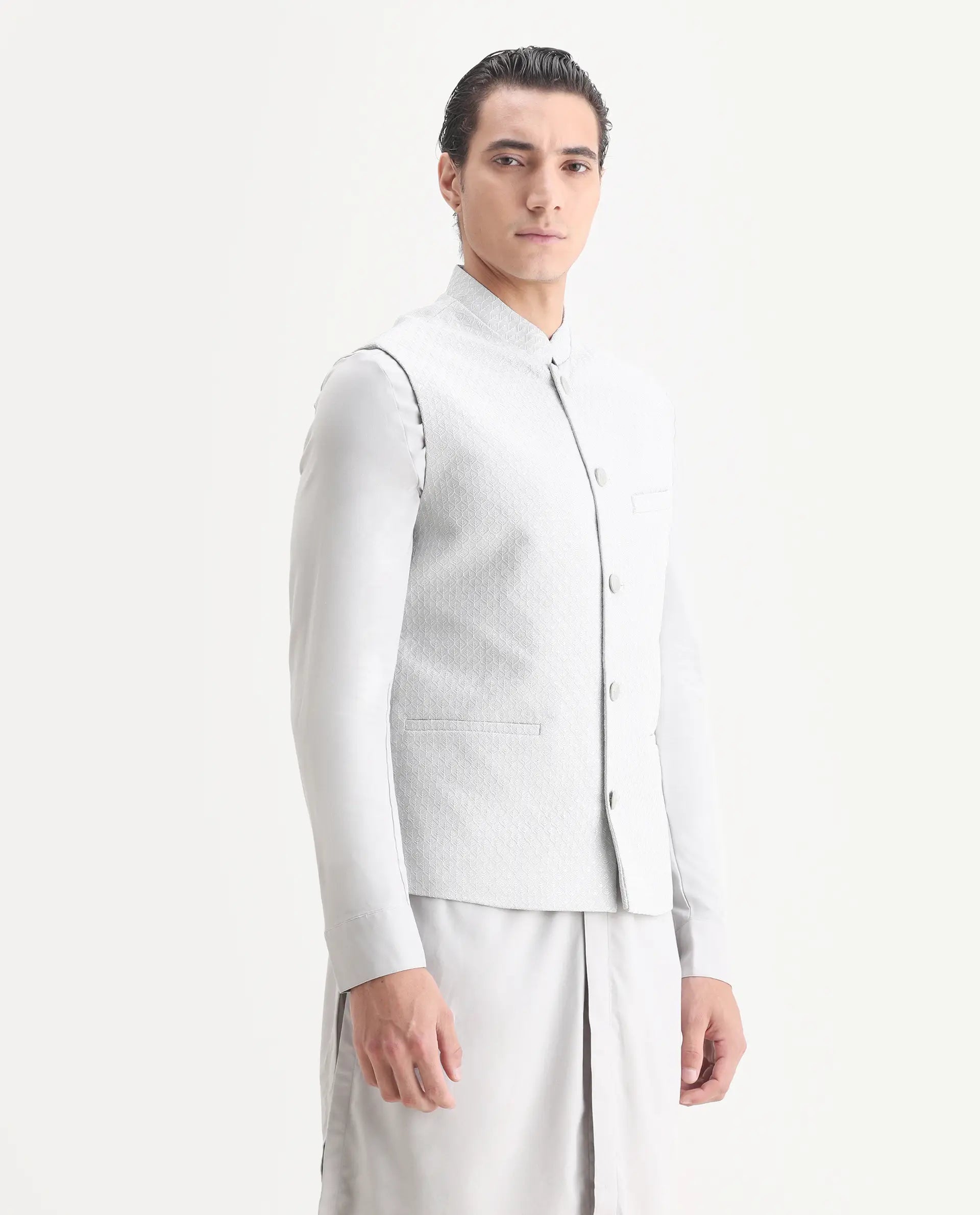 Rare Rabbit Men's Lasmos Kpb Light Grey Viscose Embroidered Regular Fit Full Sleeve Mandarin Collar Kurta Suit