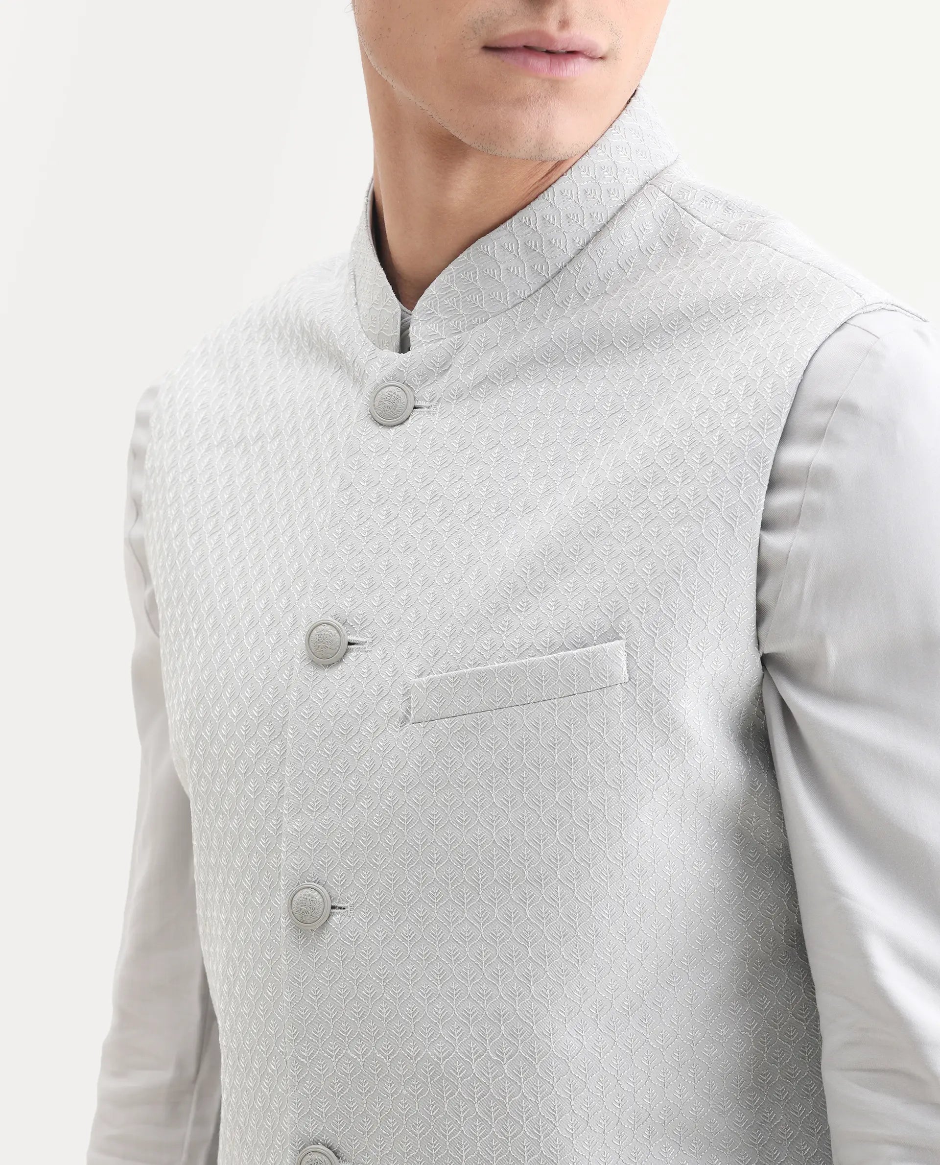 Rare Rabbit Men's Lasmos Kpb Light Grey Viscose Embroidered Regular Fit Full Sleeve Mandarin Collar Kurta Suit