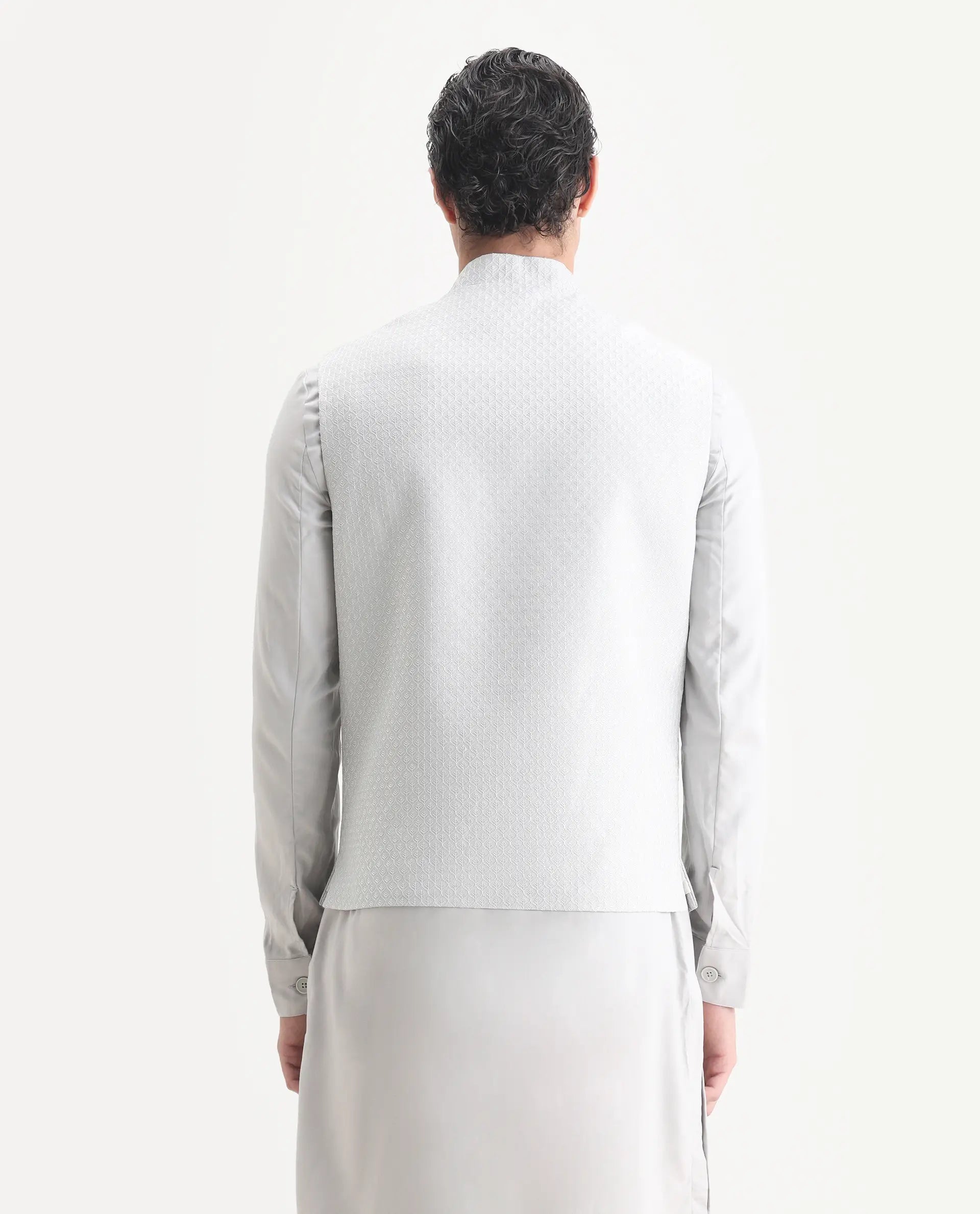 Rare Rabbit Men's Lasmos Kpb Light Grey Viscose Embroidered Regular Fit Full Sleeve Mandarin Collar Kurta Suit