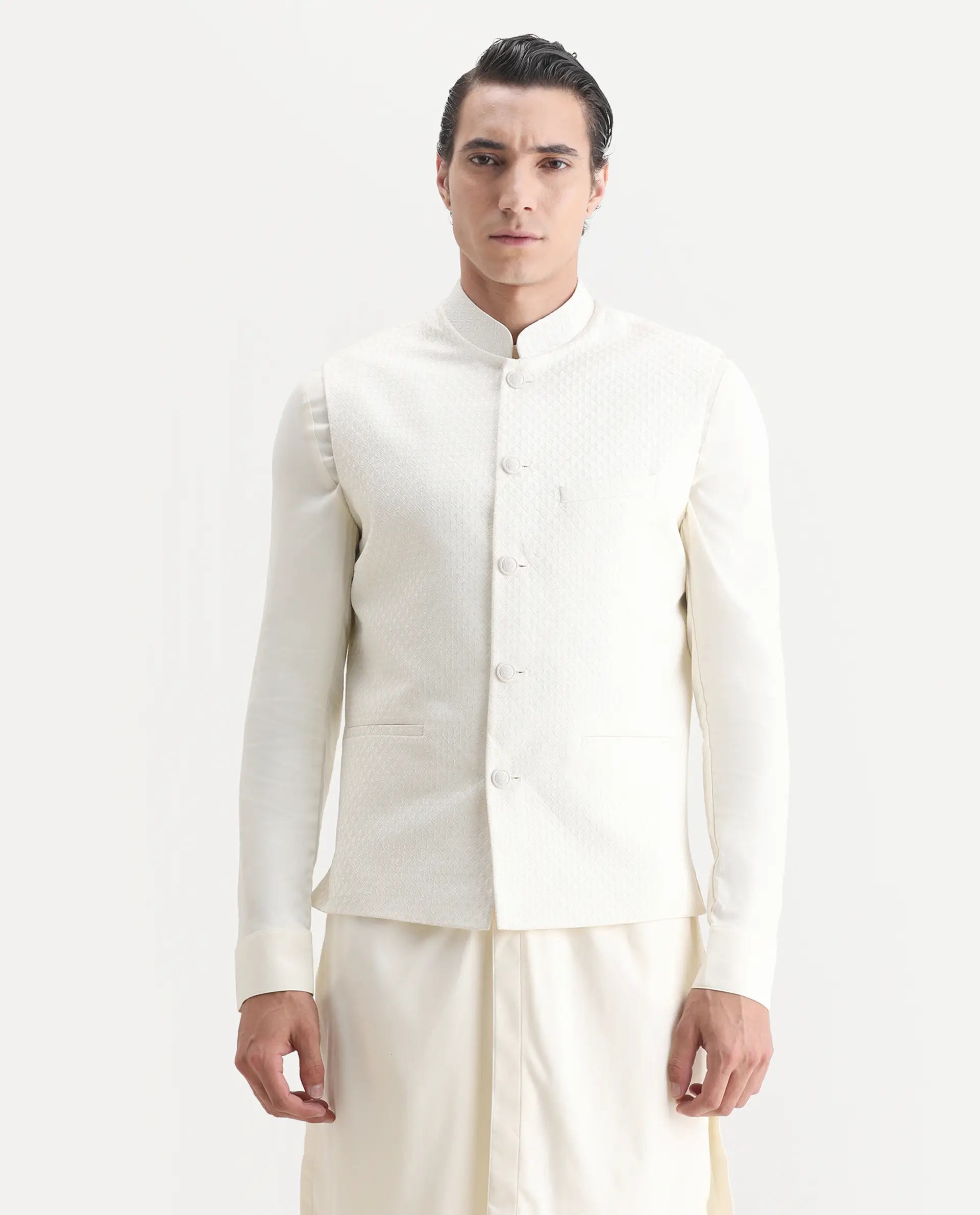 Rare Rabbit Men's Lasmos Kpb Off White Viscose Embroidered Regular Fit Full Sleeve Mandarin Collar Kurta Suit