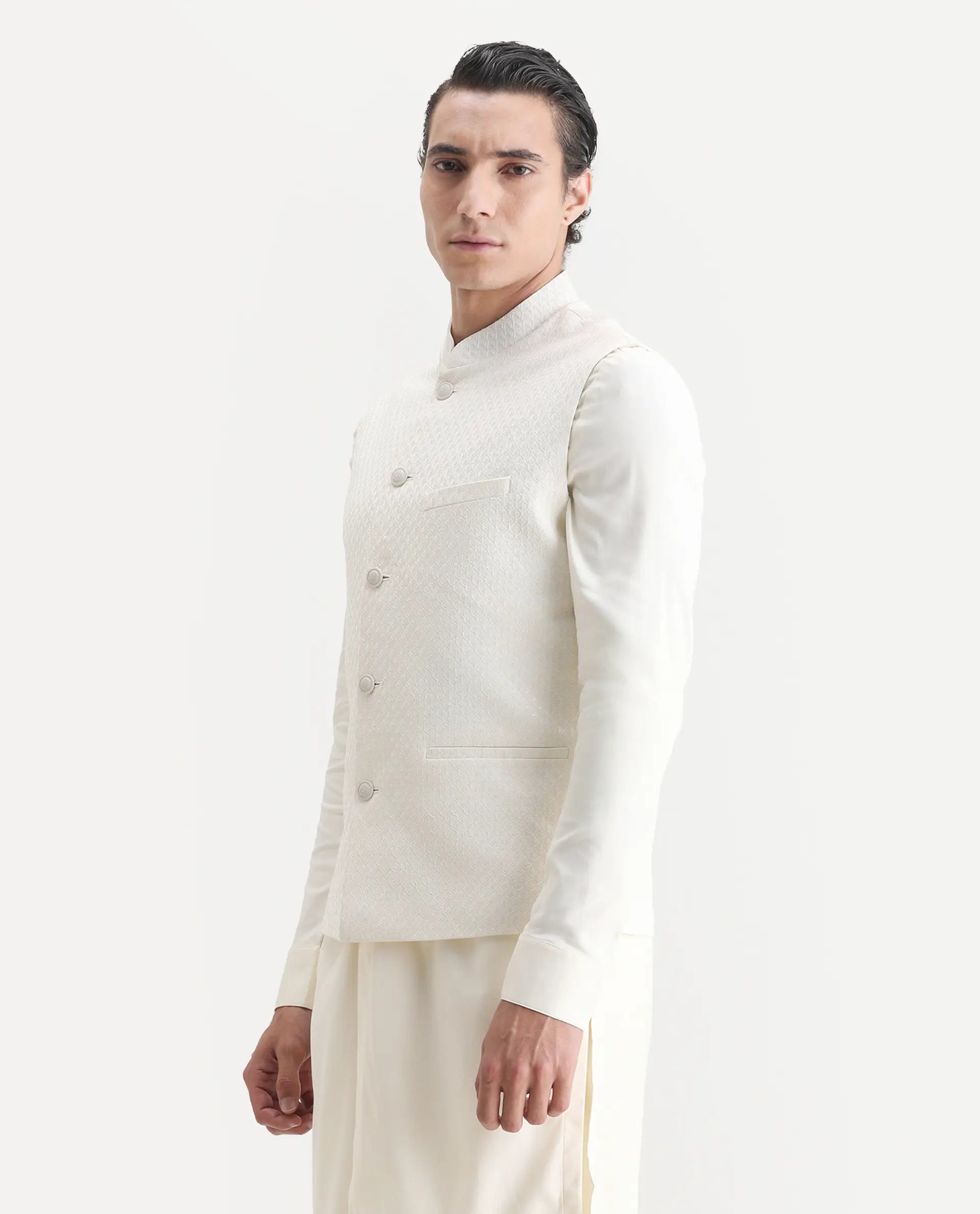 Rare Rabbit Men's Lasmos Kpb Off White Viscose Embroidered Regular Fit Full Sleeve Mandarin Collar Kurta Suit
