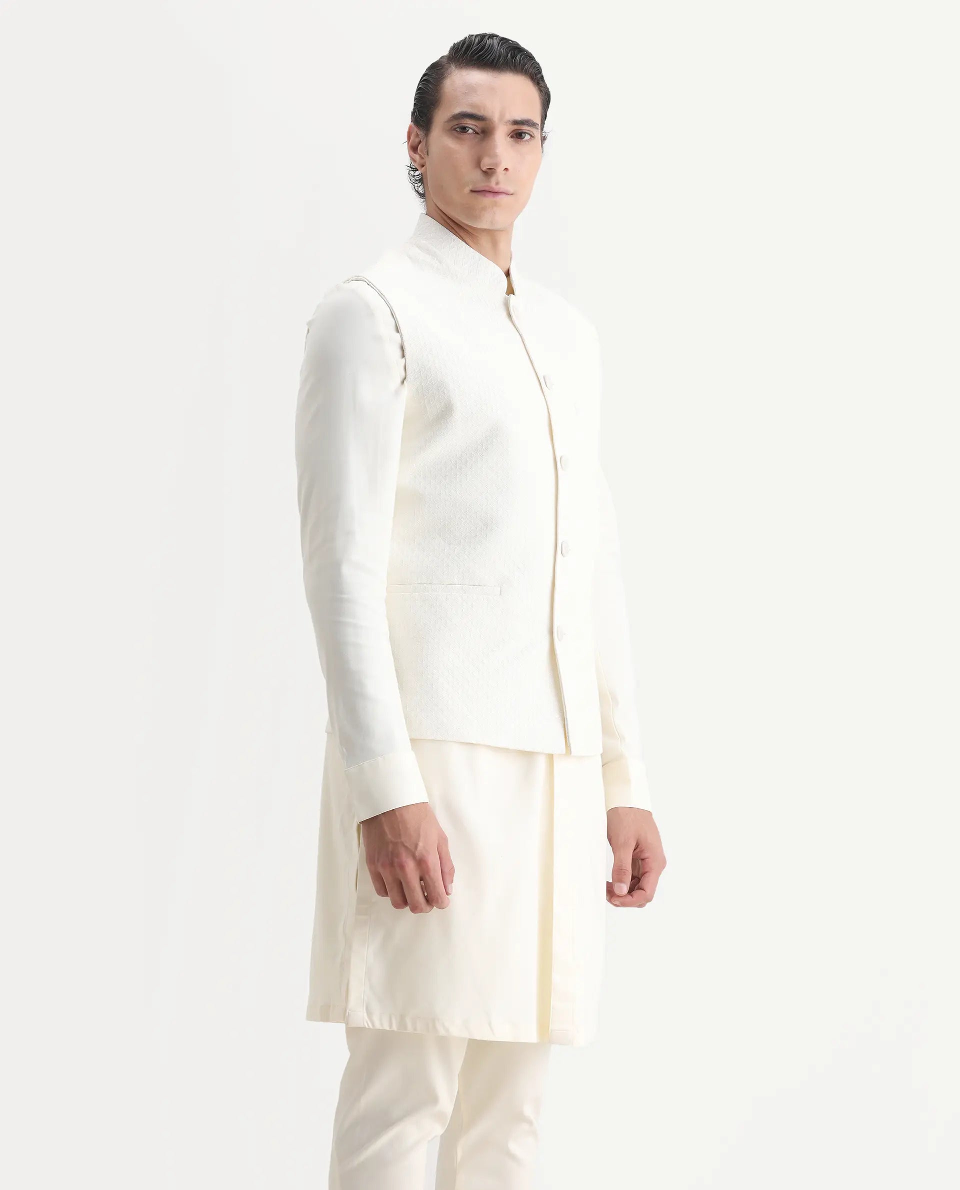 Rare Rabbit Men's Lasmos Kpb Off White Viscose Embroidered Regular Fit Full Sleeve Mandarin Collar Kurta Suit