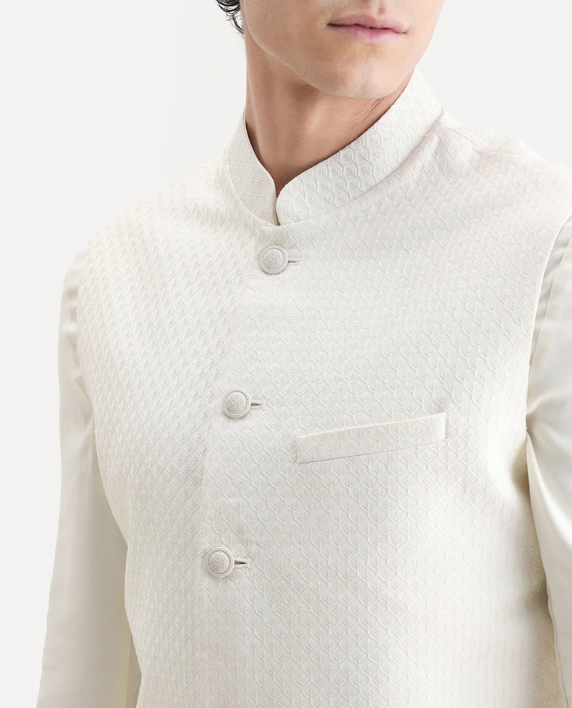 Rare Rabbit Men's Lasmos Kpb Off White Viscose Embroidered Regular Fit Full Sleeve Mandarin Collar Kurta Suit