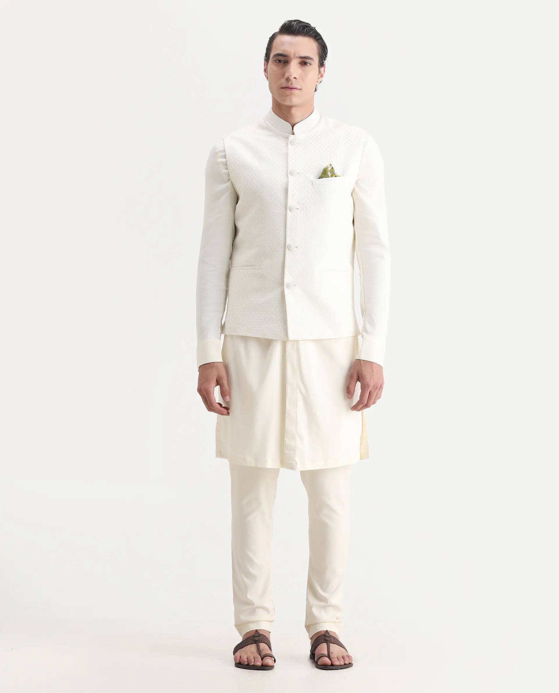 Rare Rabbit Men's Lasmos Kpb Off White Viscose Embroidered Regular Fit Full Sleeve Mandarin Collar Kurta Suit