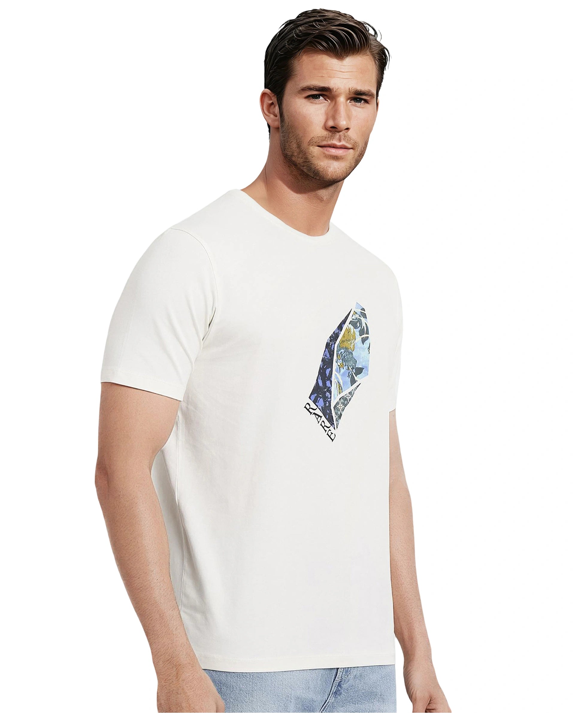Rare Rabbit Men Lason Off White Cotton Lycra Fabric Short Sleeve Crew Neck Regular Fit Graphic Print T-Shirt
