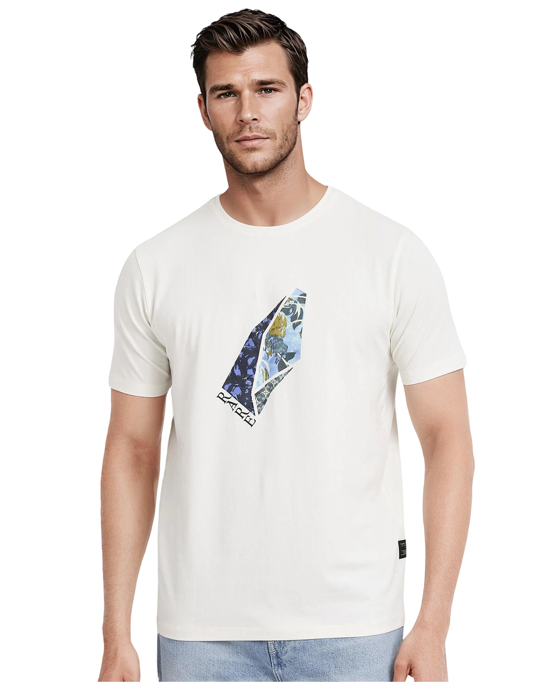 Rare Rabbit Men Lason Off White Cotton Lycra Fabric Short Sleeve Crew Neck Regular Fit Graphic Print T-Shirt