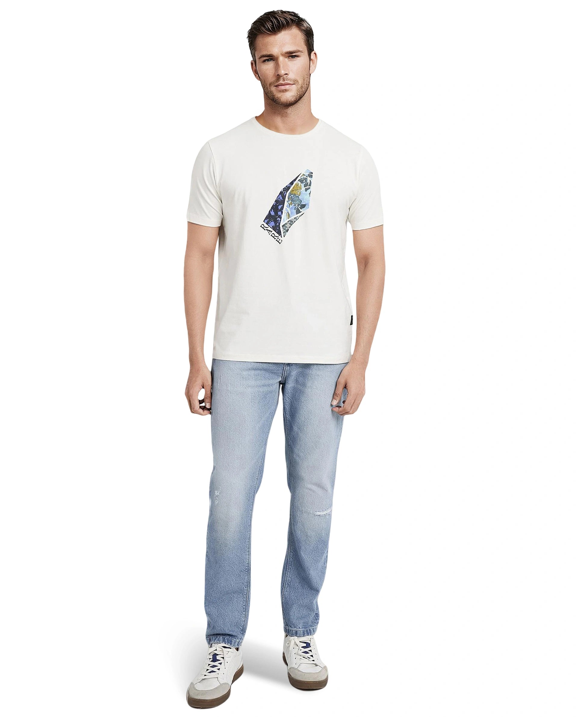 Rare Rabbit Men Lason Off White Cotton Lycra Fabric Short Sleeve Crew Neck Regular Fit Graphic Print T-Shirt