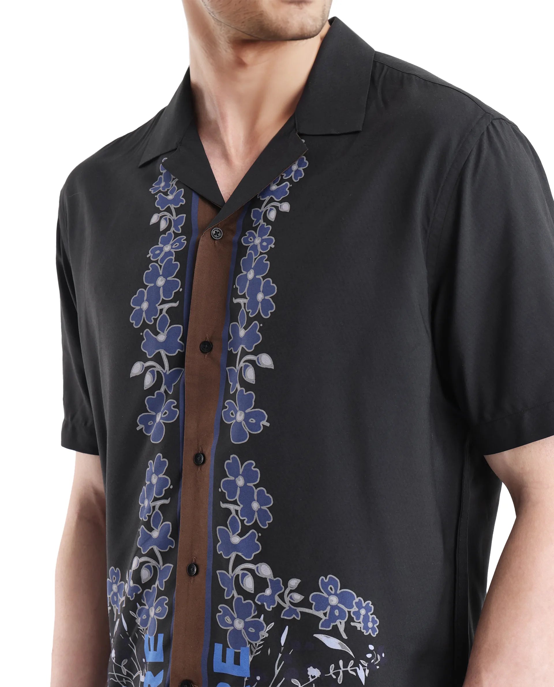 Rare Rabbit Men Lato Black Viscose Fabric Cuban Collar Floral and Typography Printed Boxy Fit Shirt