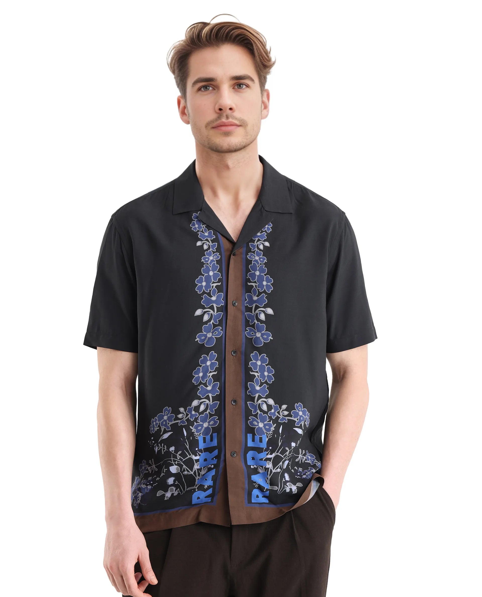 Rare Rabbit Men Lato Black Viscose Fabric Cuban Collar Floral and Typography Printed Boxy Fit Shirt