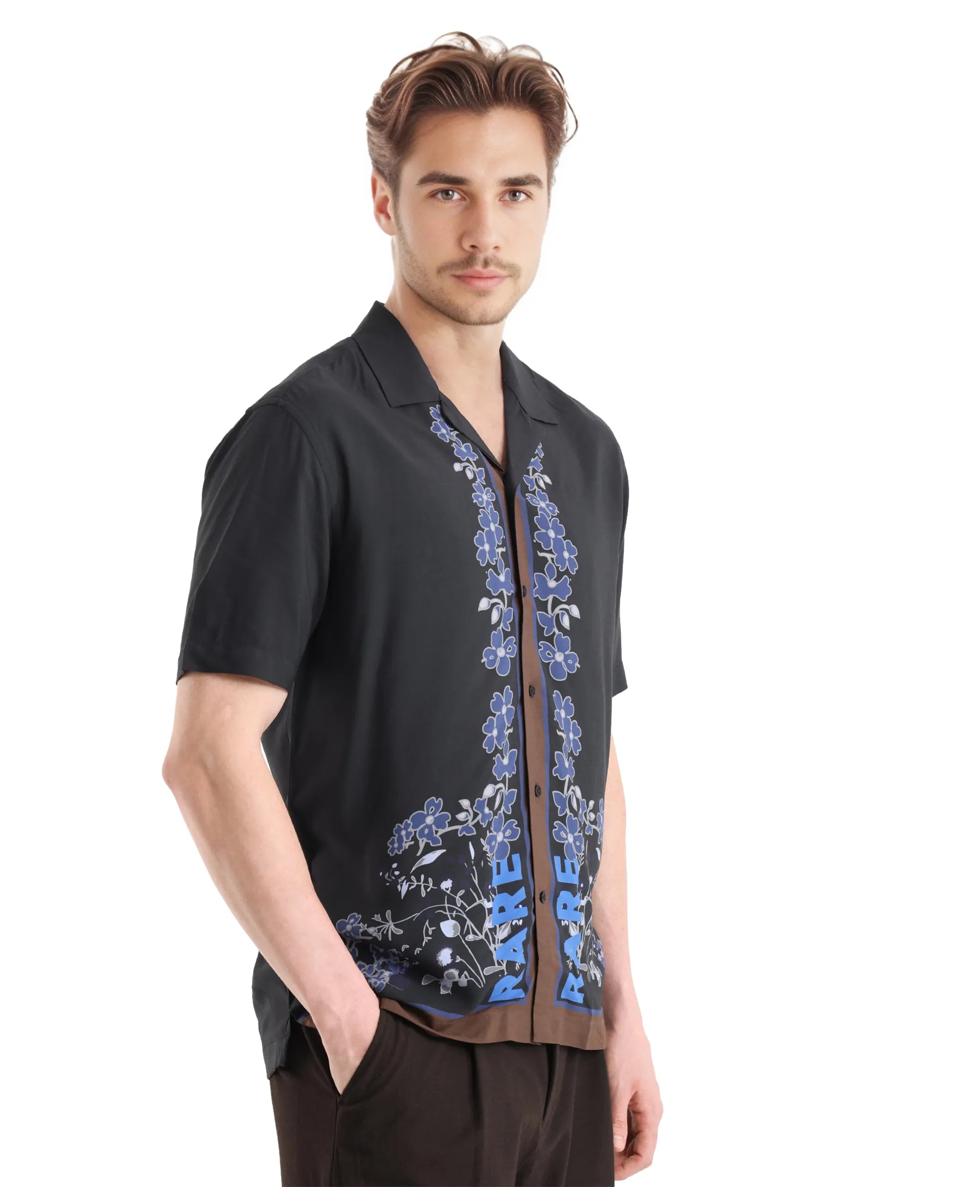 Rare Rabbit Men Lato Black Viscose Fabric Cuban Collar Floral and Typography Printed Boxy Fit Shirt