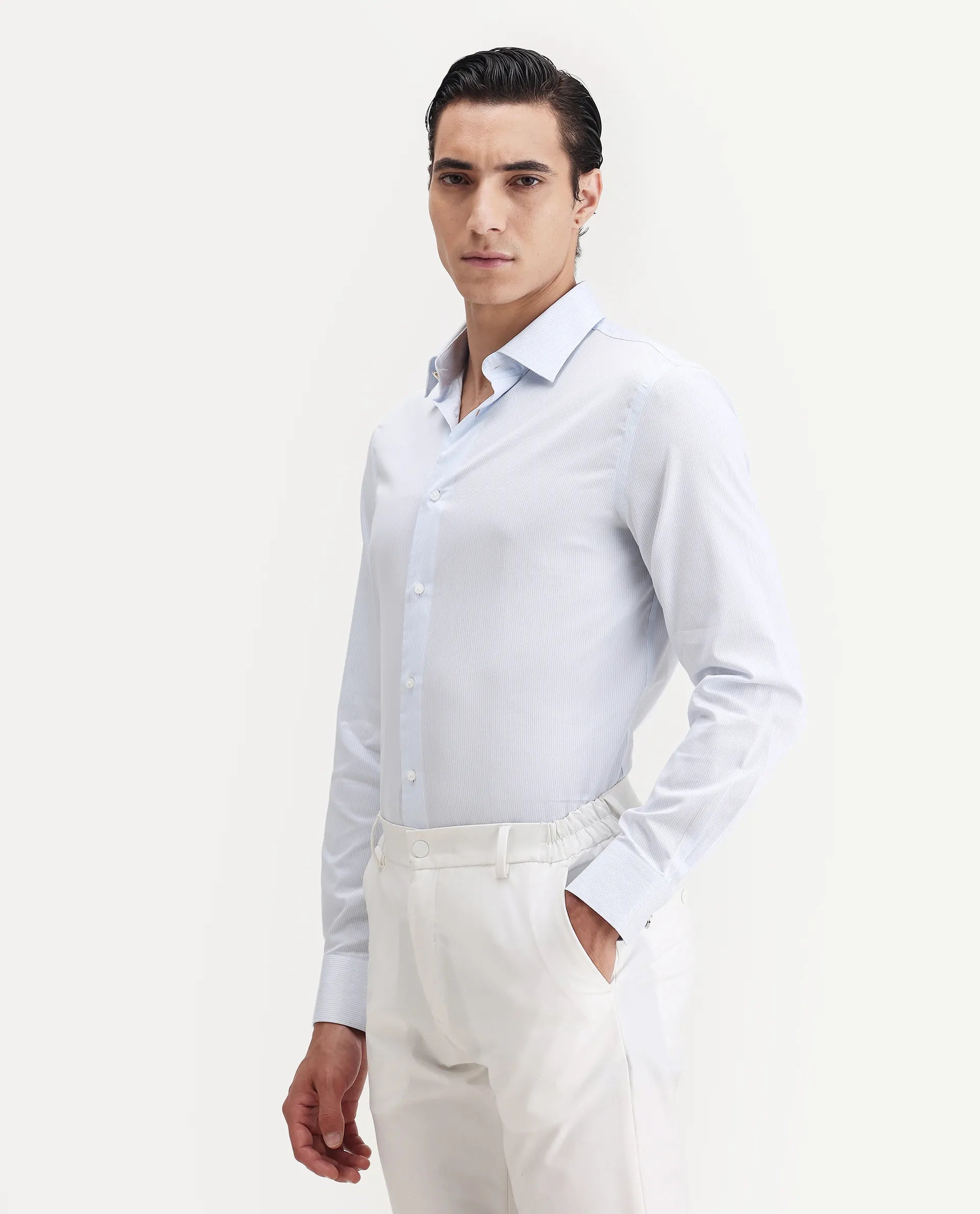 Rare Rabbit Men's Latter Light Blue Cotton Plain Regular Fit Full Sleeve Collared Shirt