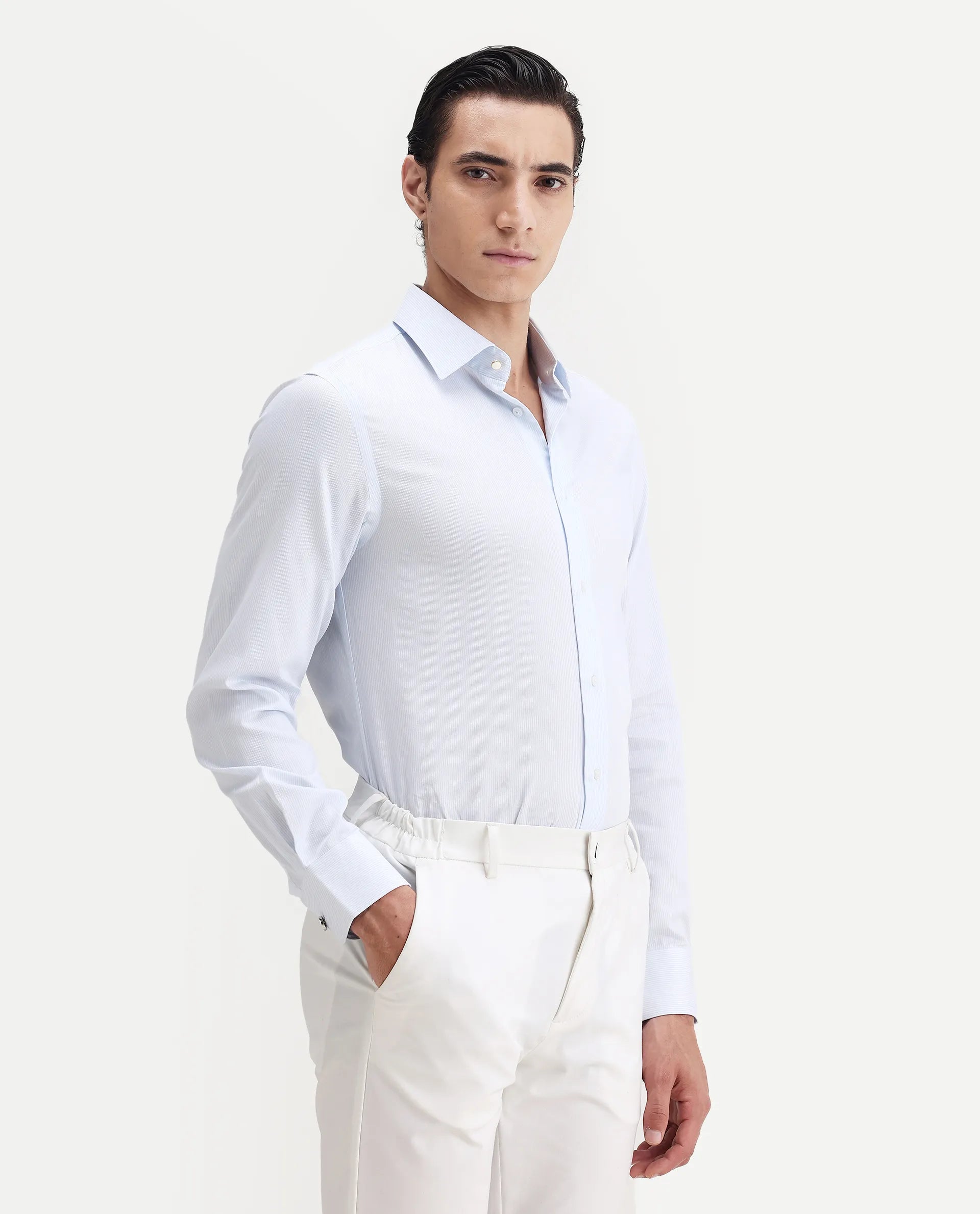 Rare Rabbit Men's Latter Light Blue Cotton Plain Regular Fit Full Sleeve Collared Shirt