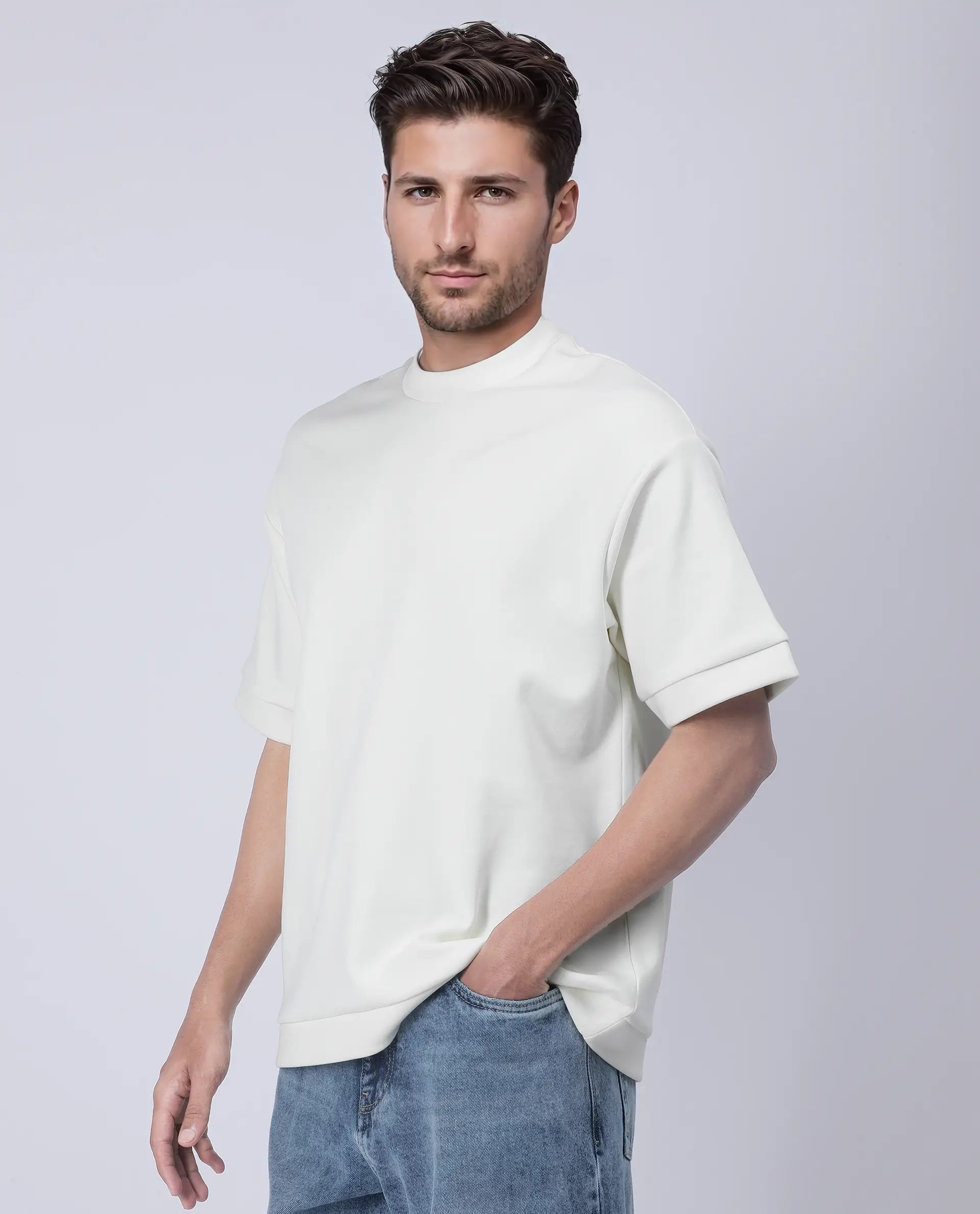 Rare Rabbit Men's Lauch Off White Cotton Blend Plain Oversized Fit Half Sleeve Crew Neck T-Shirt