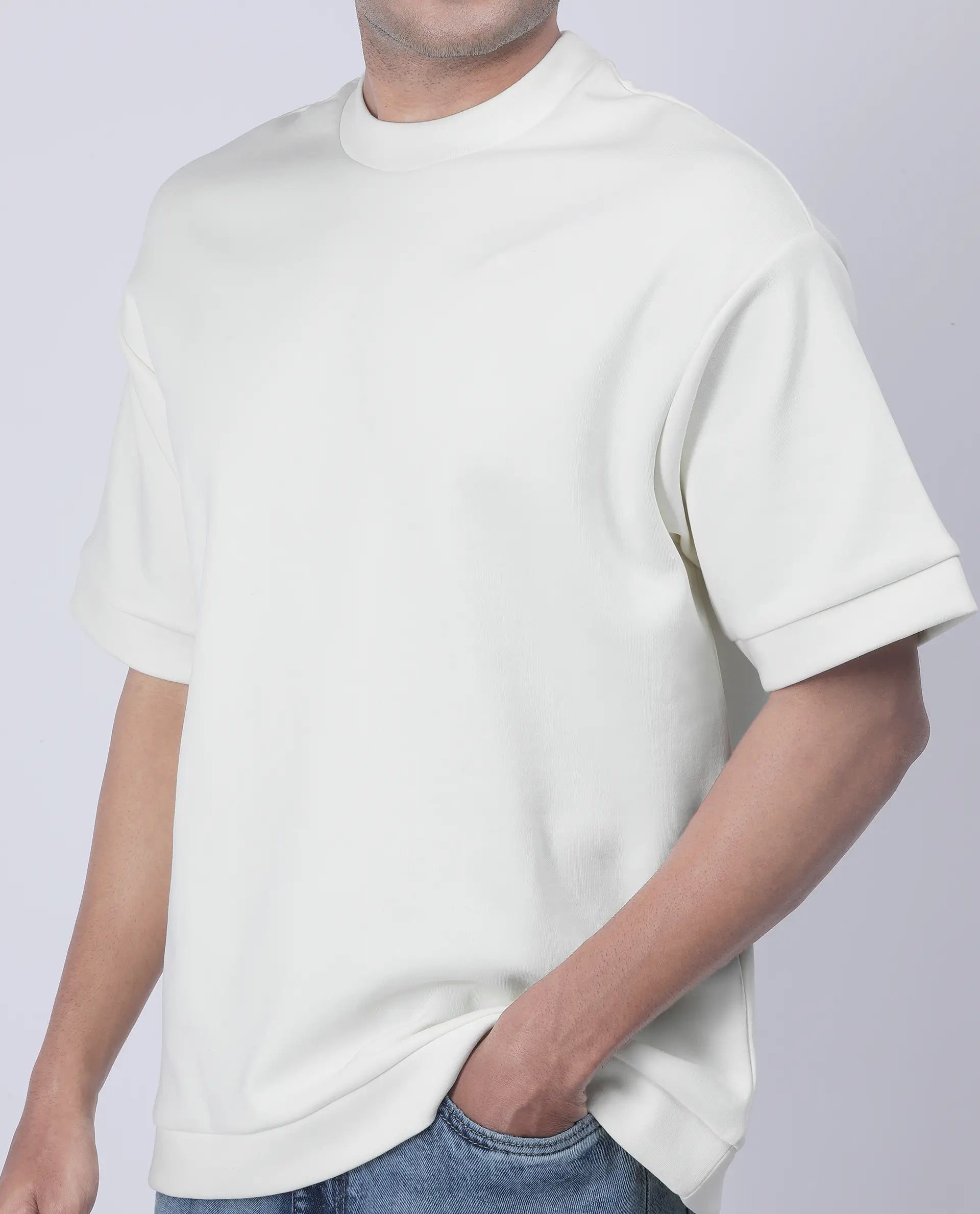 Rare Rabbit Men's Lauch Off White Cotton Blend Plain Oversized Fit Half Sleeve Crew Neck T-Shirt