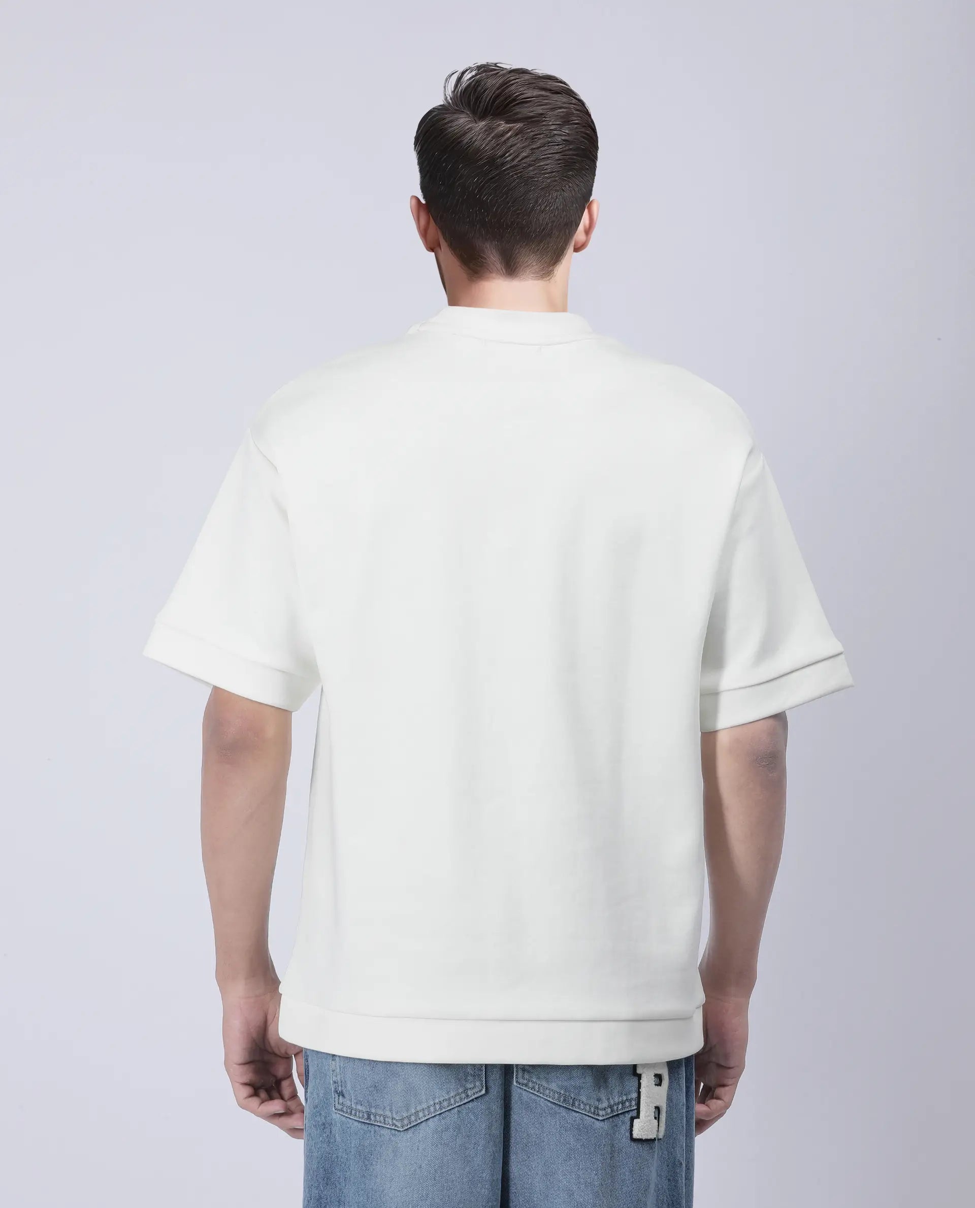 Rare Rabbit Men's Lauch Off White Cotton Blend Plain Oversized Fit Half Sleeve Crew Neck T-Shirt