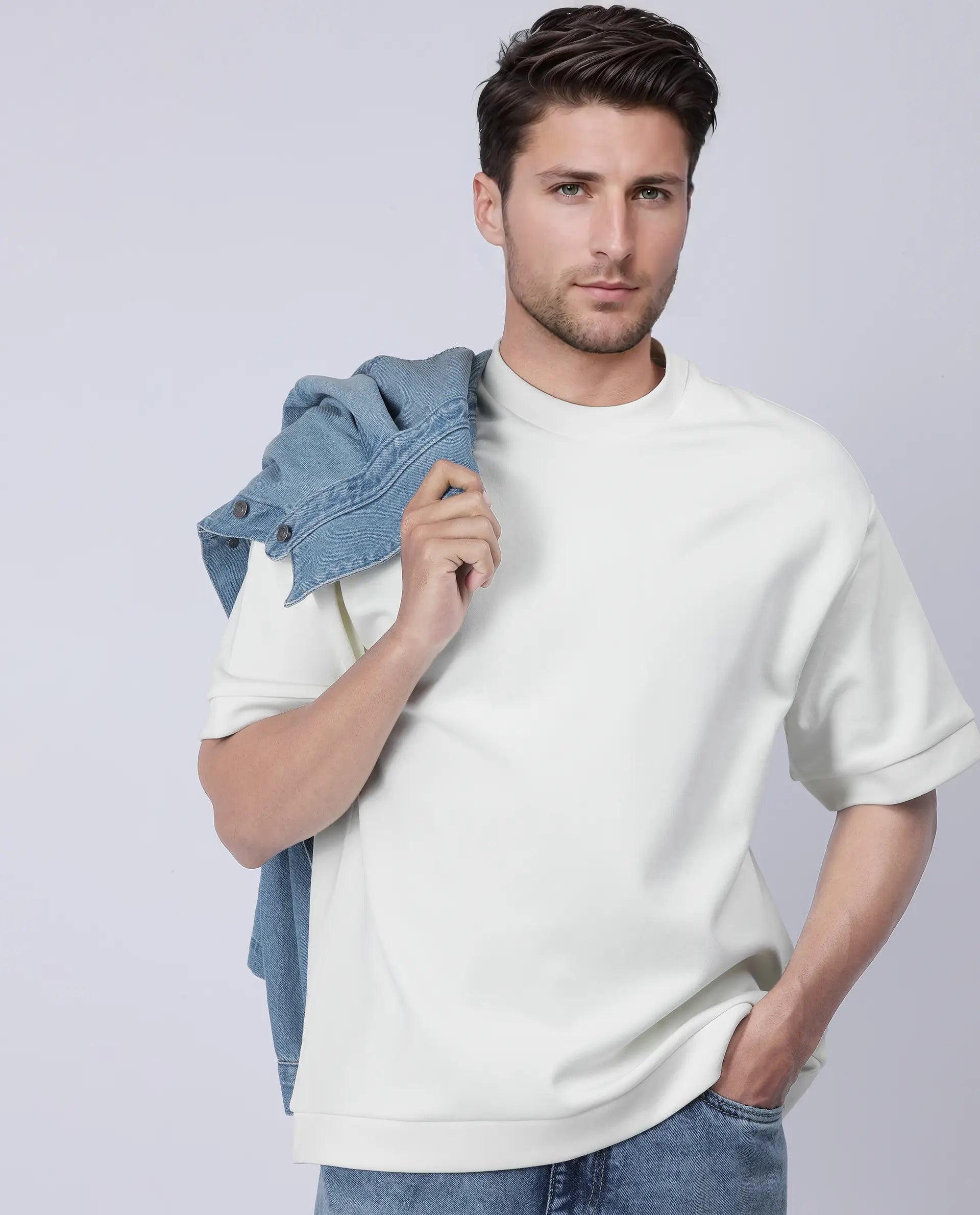 Rare Rabbit Men's Lauch Off White Cotton Blend Plain Oversized Fit Half Sleeve Crew Neck T-Shirt