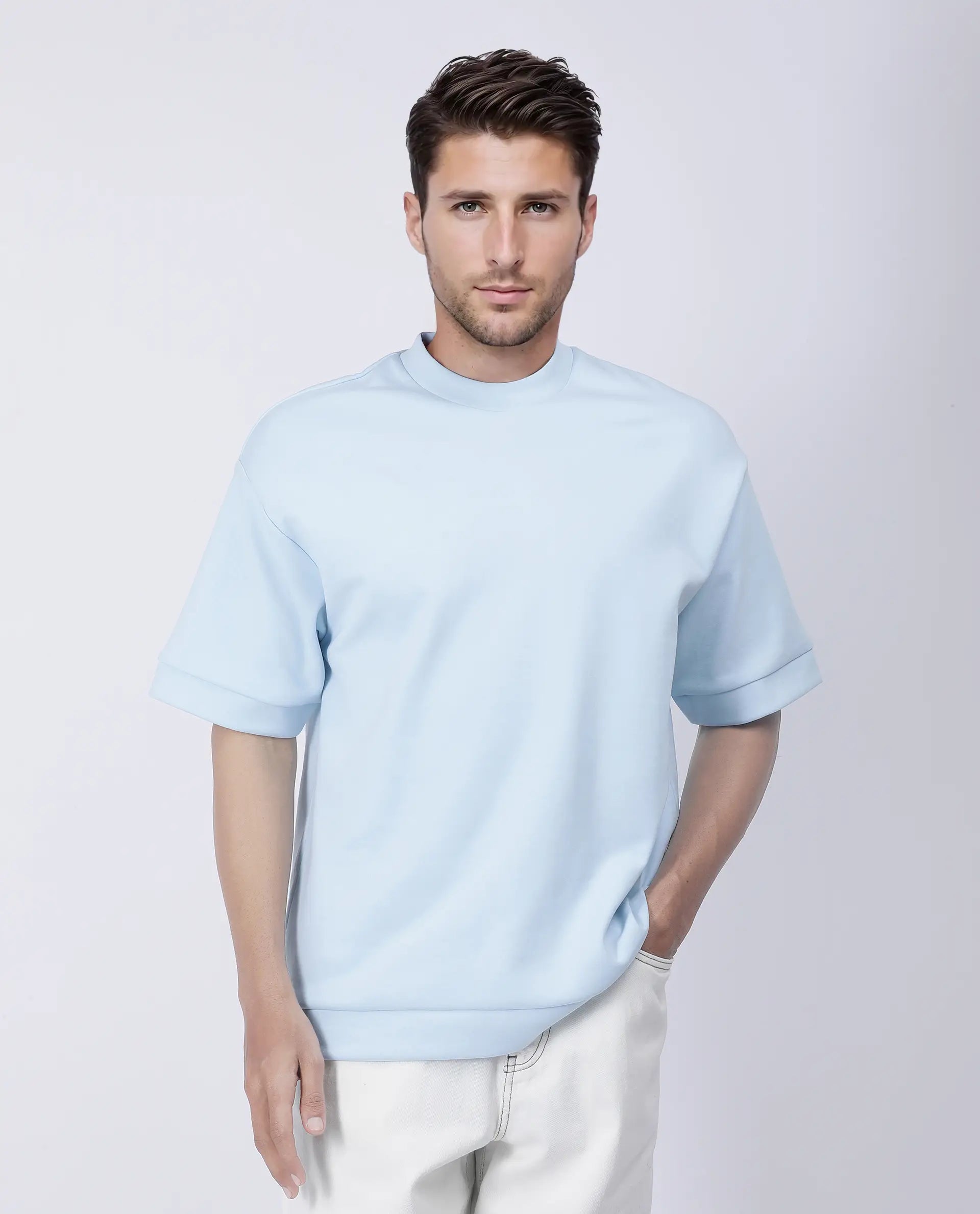 Rare Rabbit Men's Lauch Pastel Blue Cotton Blend Plain Oversized Fit Half Sleeve Crew Neck T-Shirt