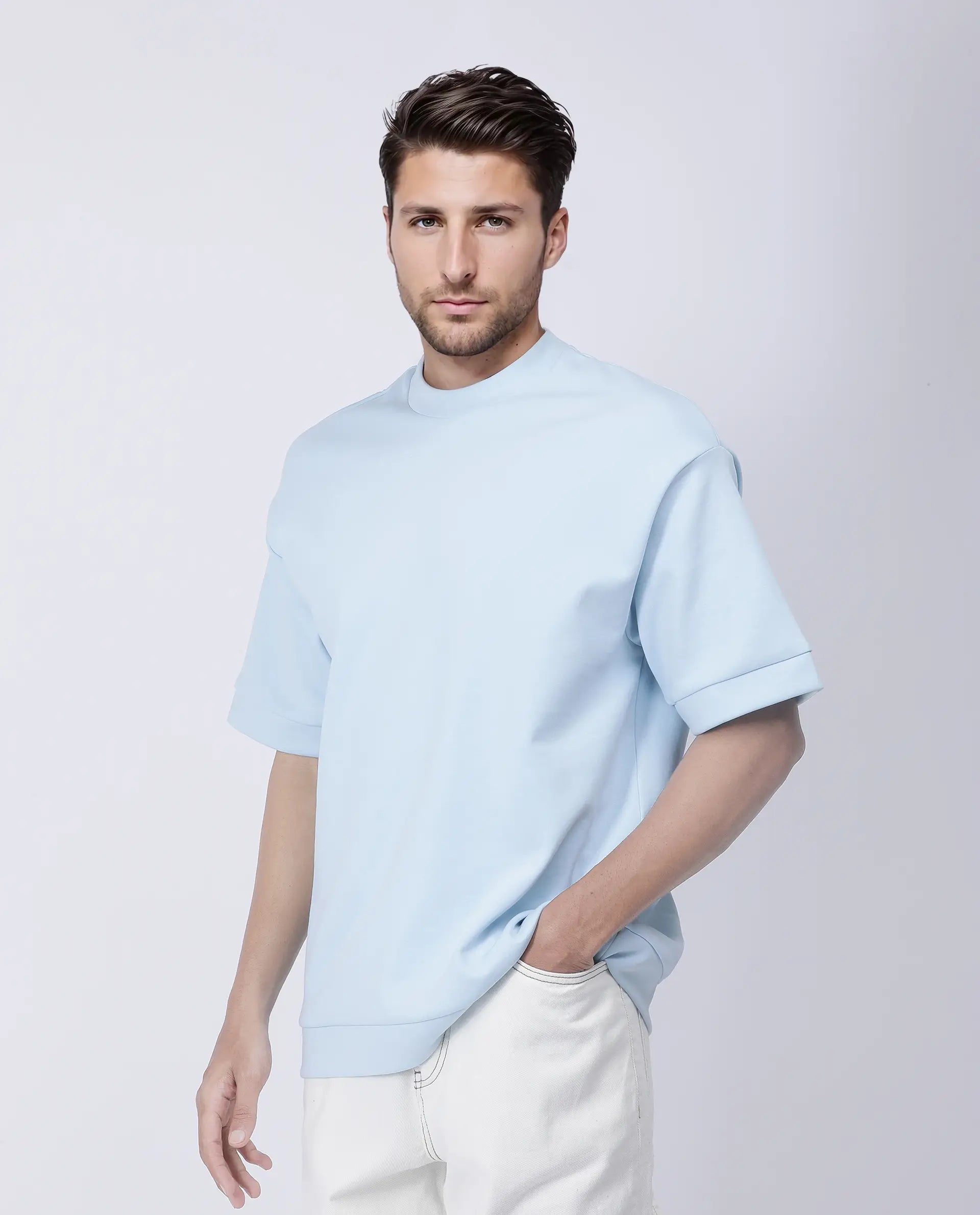 Rare Rabbit Men's Lauch Pastel Blue Cotton Blend Plain Oversized Fit Half Sleeve Crew Neck T-Shirt