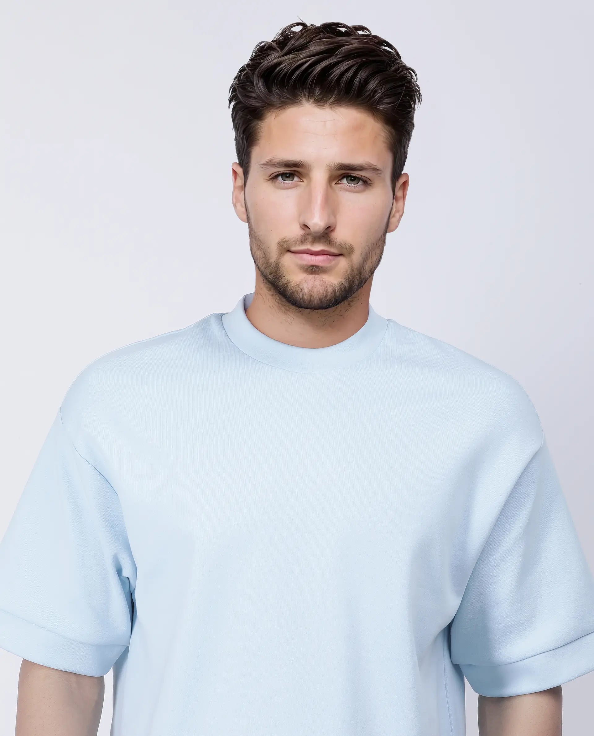 Rare Rabbit Men's Lauch Pastel Blue Cotton Blend Plain Oversized Fit Half Sleeve Crew Neck T-Shirt