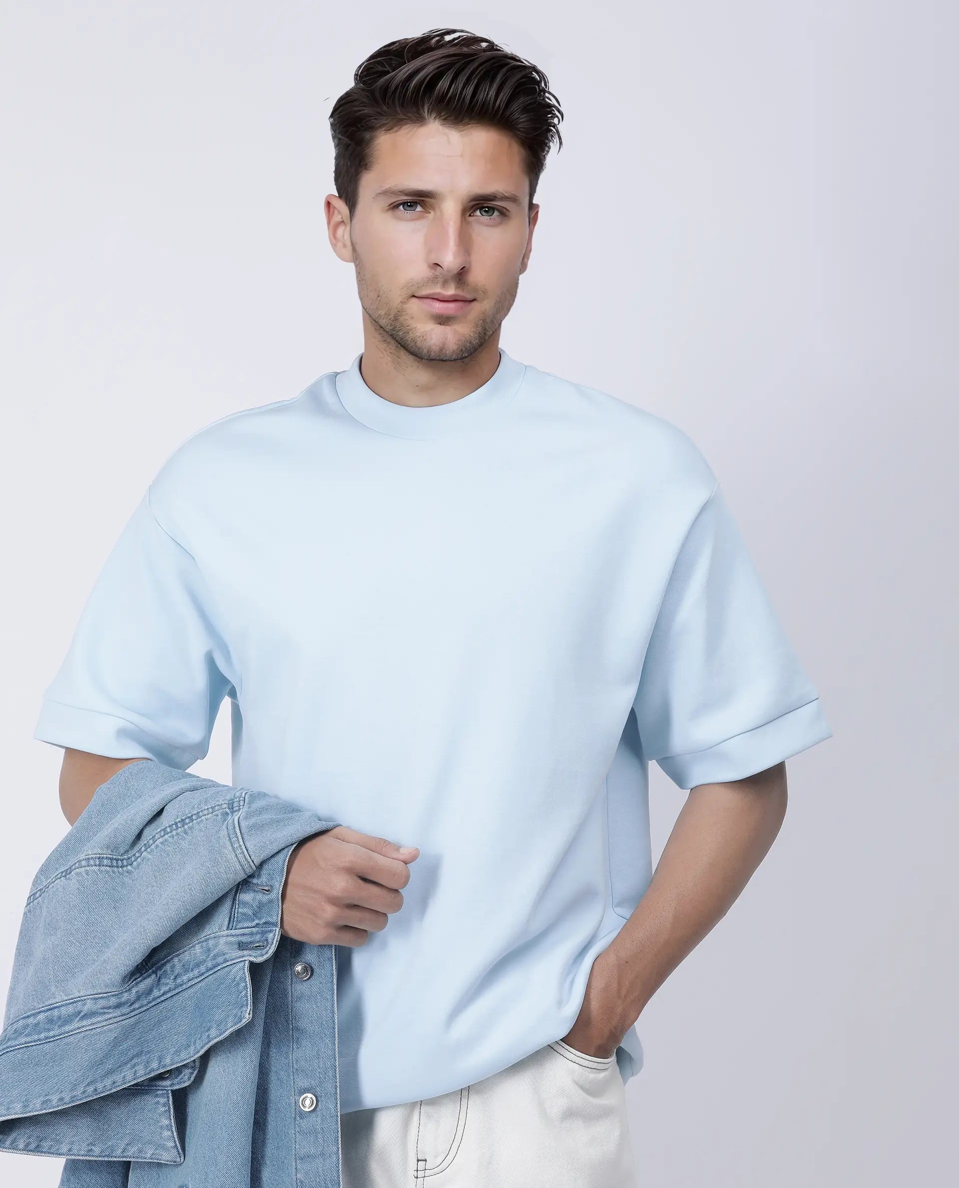 Rare Rabbit Men's Lauch Pastel Blue Cotton Blend Plain Oversized Fit Half Sleeve Crew Neck T-Shirt
