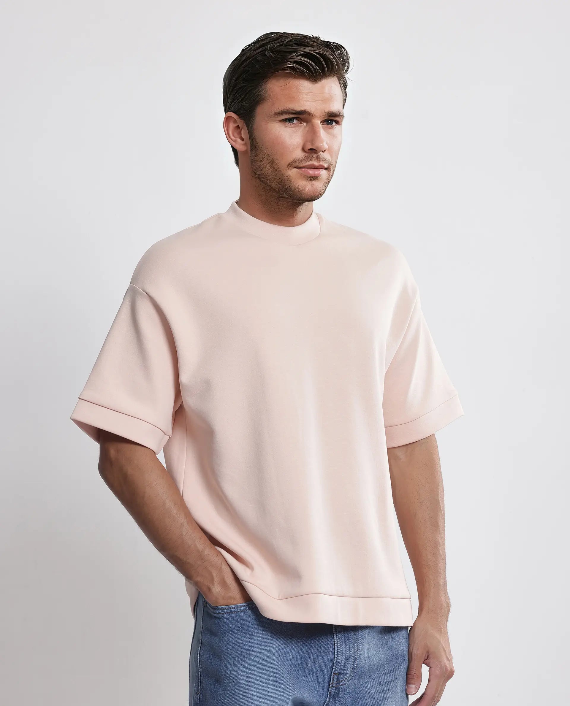 Rare Rabbit Men Lauch Pastel Orange Cotton Blend Fabric Short Sleeves Crew Neck Plain T-Shirt