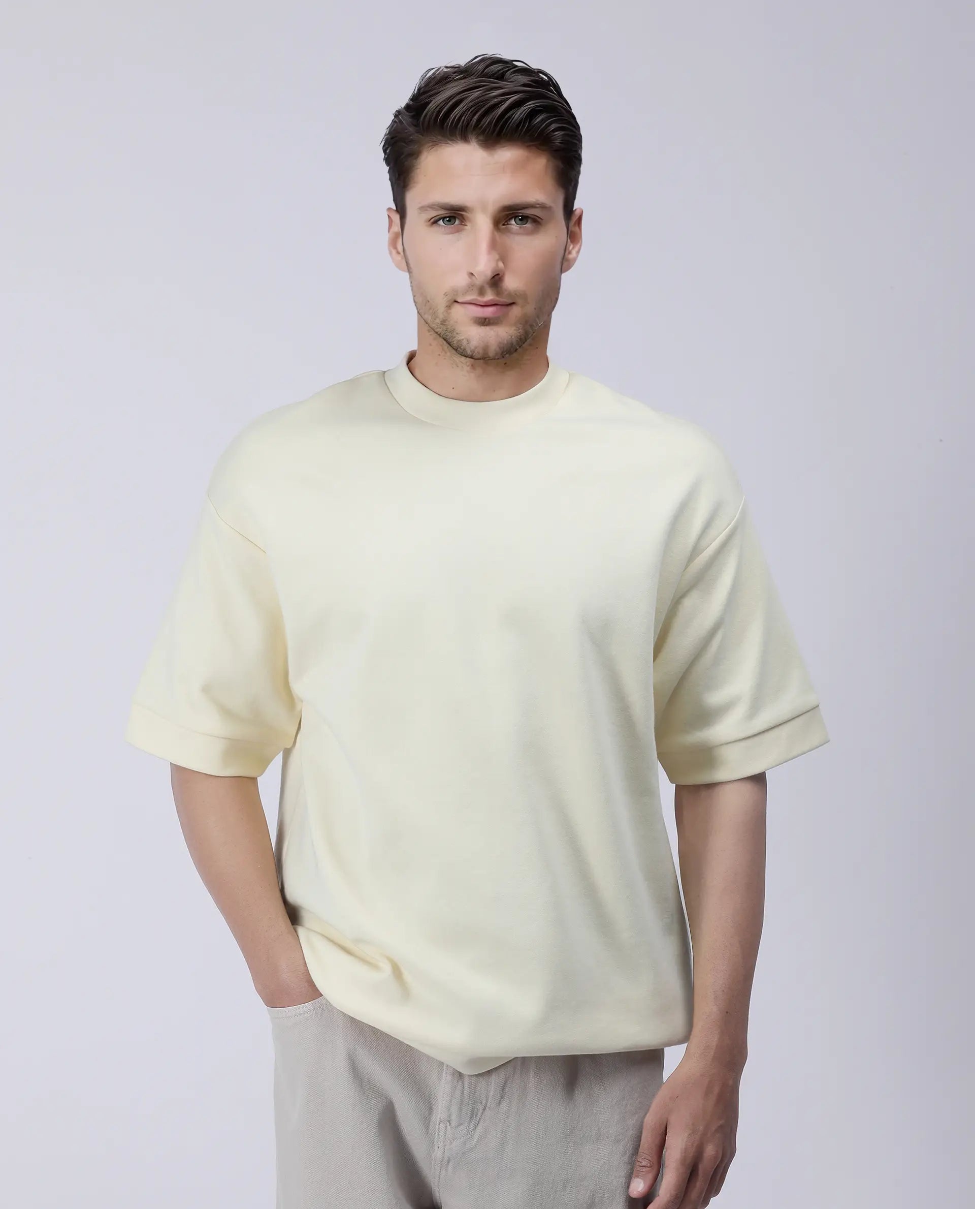 Rare Rabbit Men's Lauch Pastel Yellow Cotton Blend Plain Oversized Fit Half Sleeve Crew Neck T-Shirt