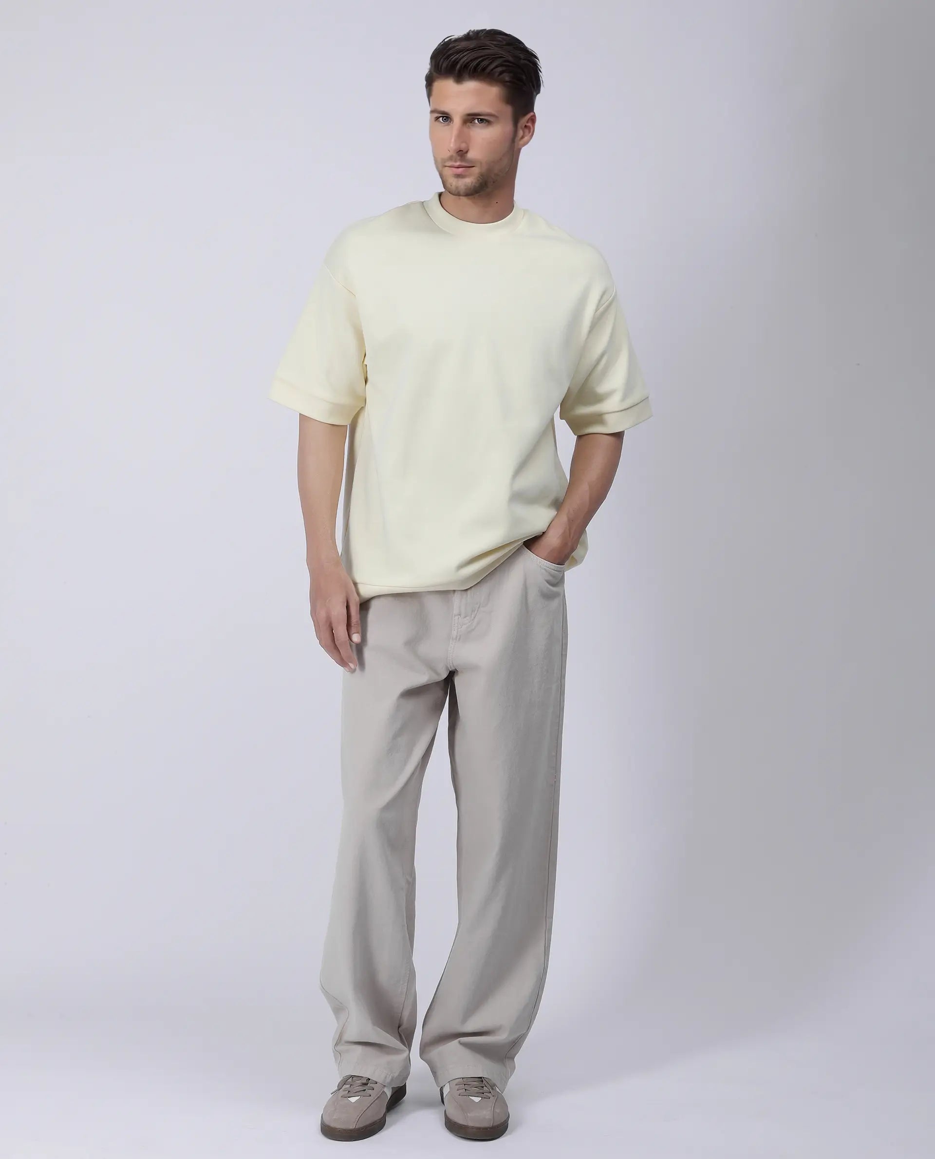 Rare Rabbit Men's Lauch Pastel Yellow Cotton Blend Plain Oversized Fit Half Sleeve Crew Neck T-Shirt