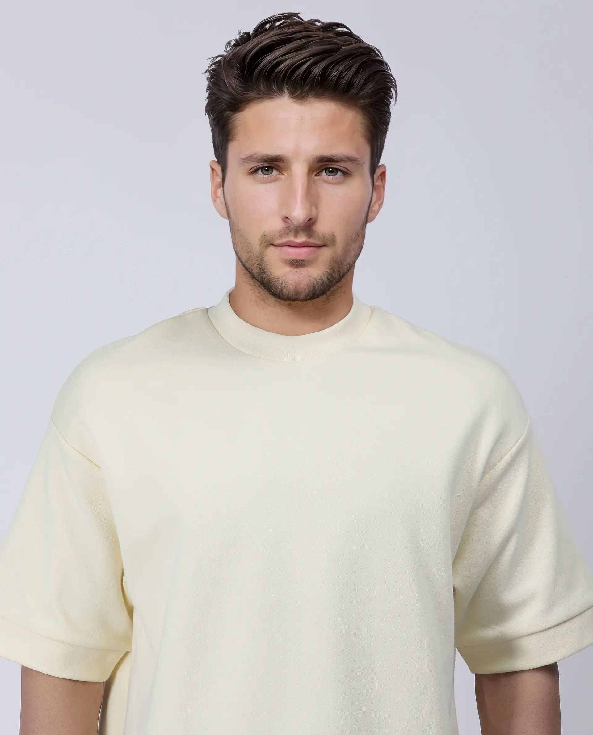 Rare Rabbit Men's Lauch Pastel Yellow Cotton Blend Plain Oversized Fit Half Sleeve Crew Neck T-Shirt