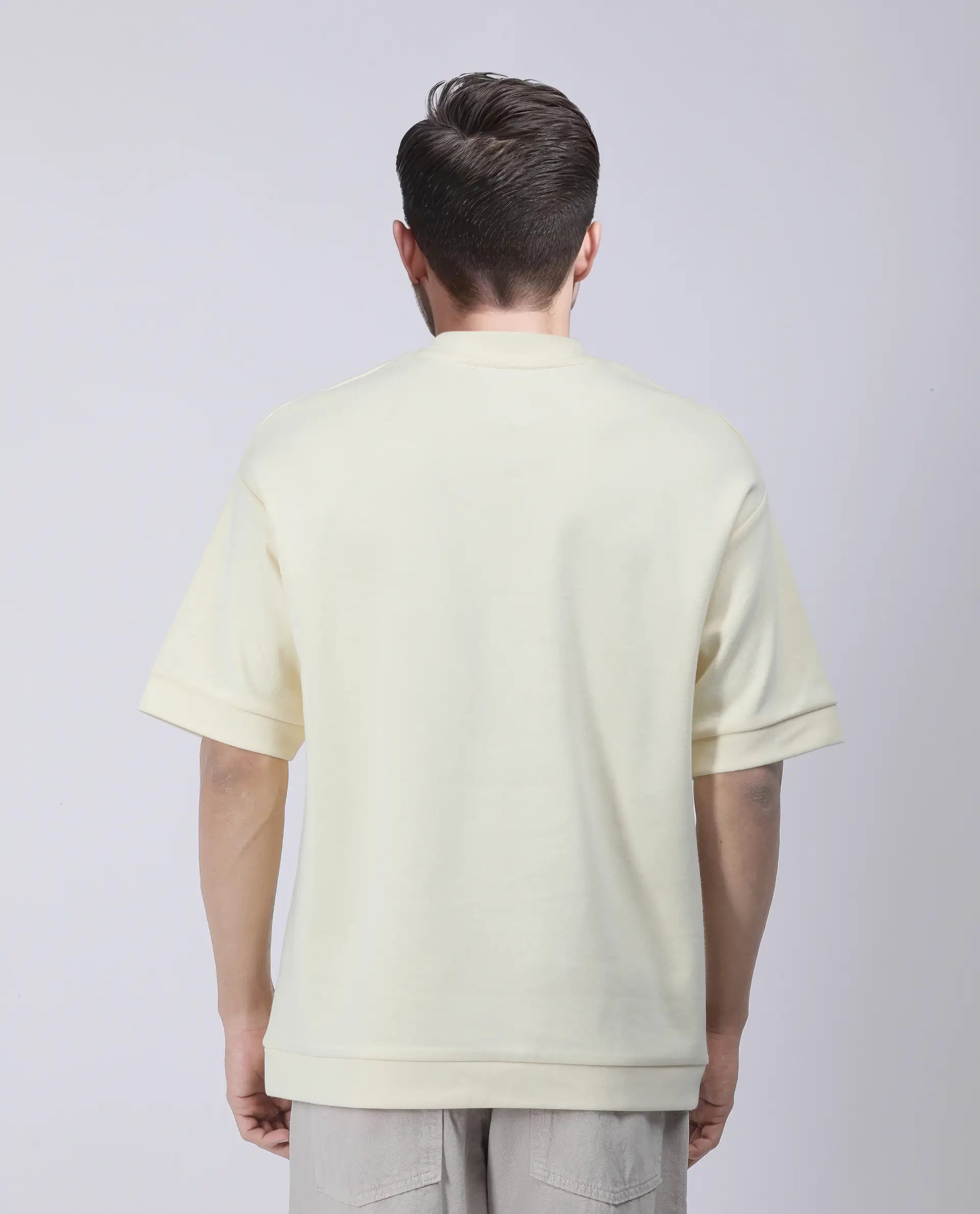 Rare Rabbit Men's Lauch Pastel Yellow Cotton Blend Plain Oversized Fit Half Sleeve Crew Neck T-Shirt