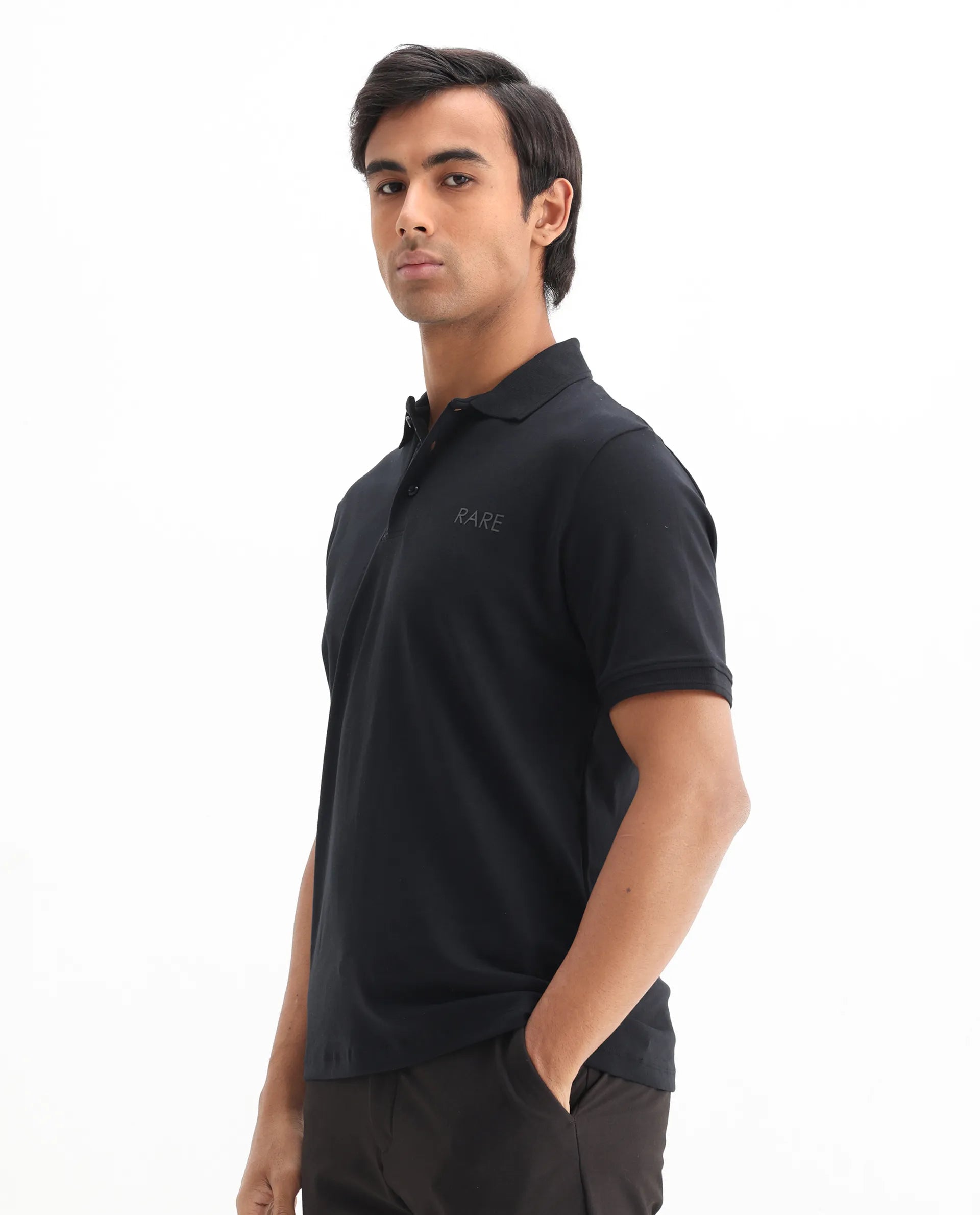 Rare Rabbit Men's Laur Black Cotton Plain Regular Fit Half Sleeve Polo