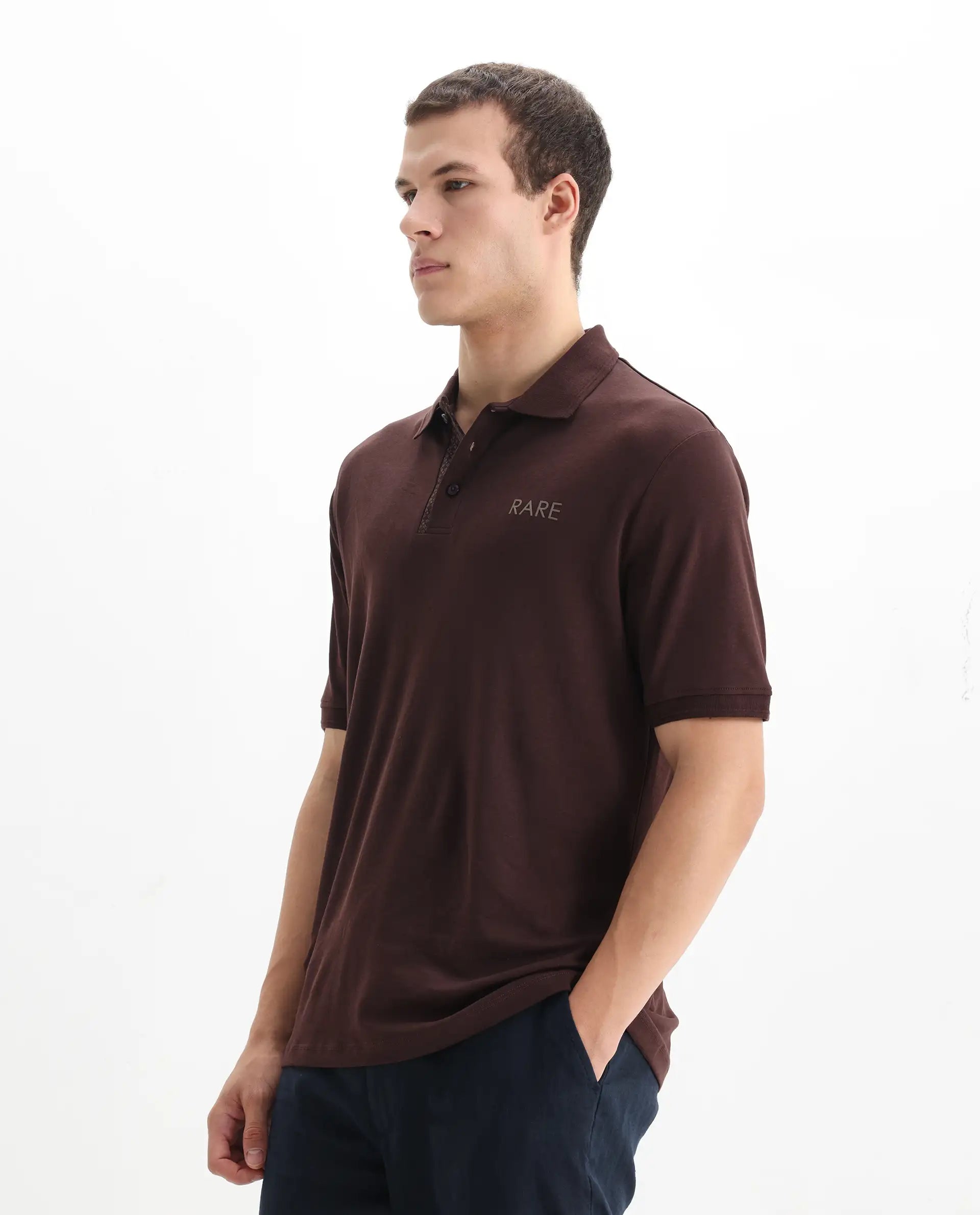 Rare Rabbit Men's Laur Dark Brown Cotton Plain Regular Fit Half Sleeve Polo