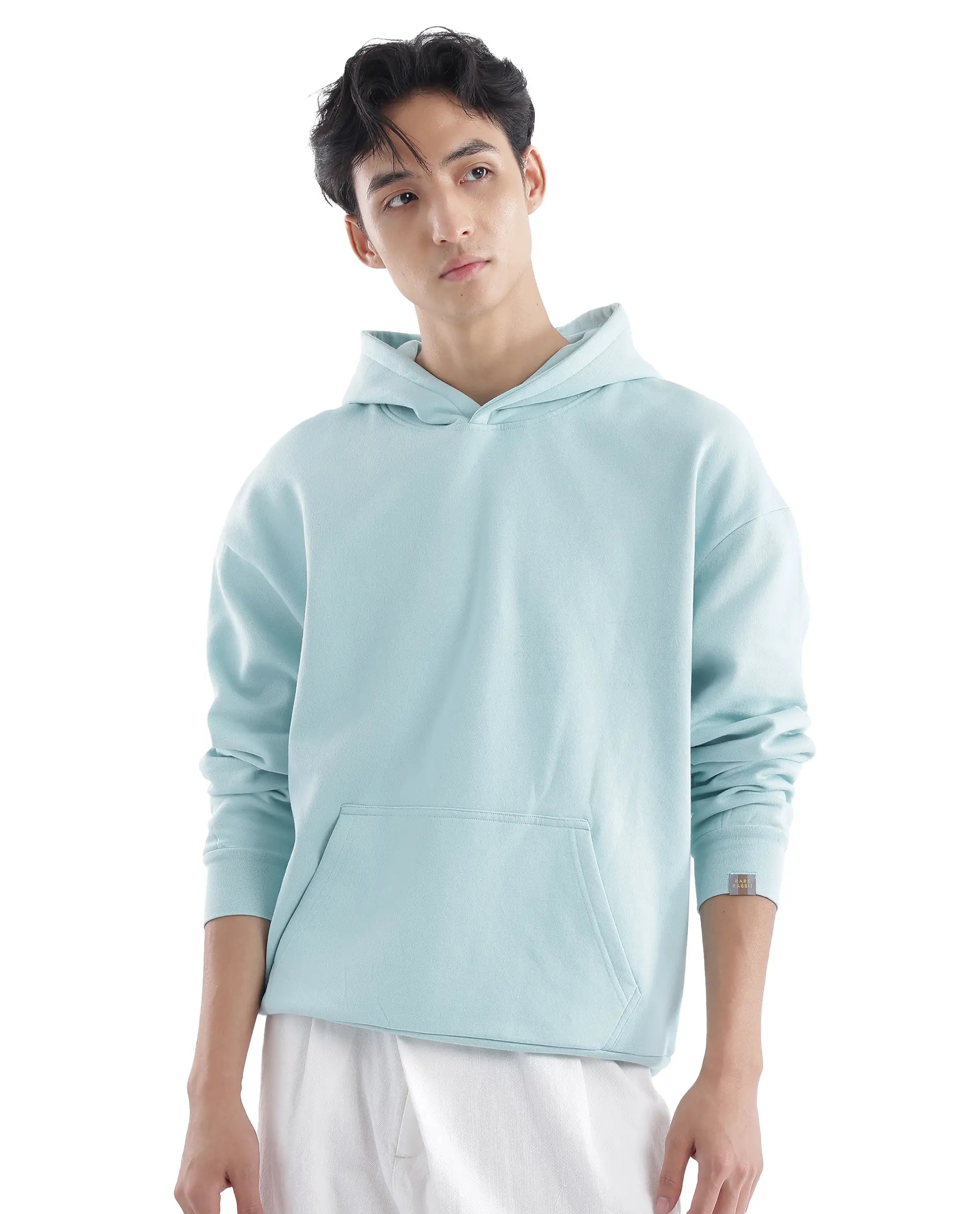 Rare Rabbit Men Laurl Light Turq Cotton Polyester Fabric Full Sleeve Hooded Boxy Fit Puff Printed Sweatshirt