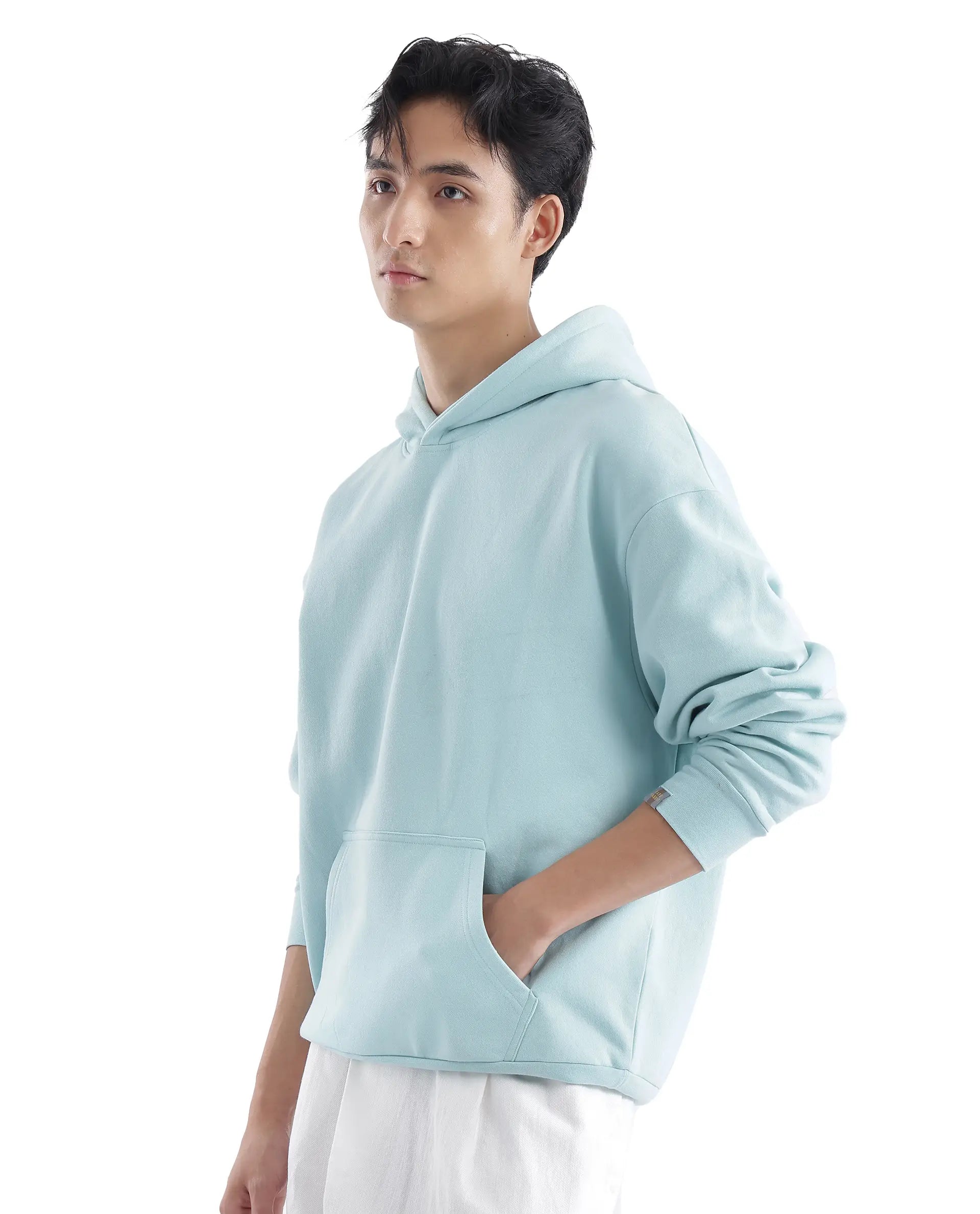 Rare Rabbit Men Laurl Light Turq Cotton Polyester Fabric Full Sleeve Hooded Boxy Fit Puff Printed Sweatshirt