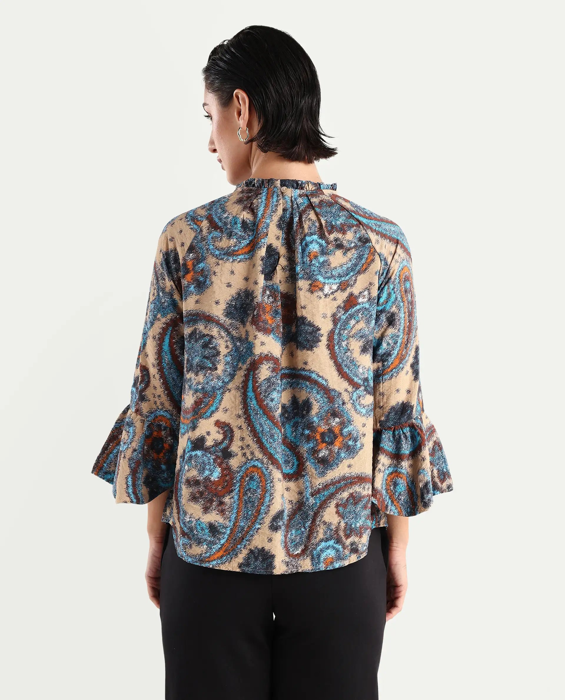 Rareism Women's Lavand Multi Nylon Blend Sweetheart Neck Paisley Print Raglan Sleeve Regular Fit Top