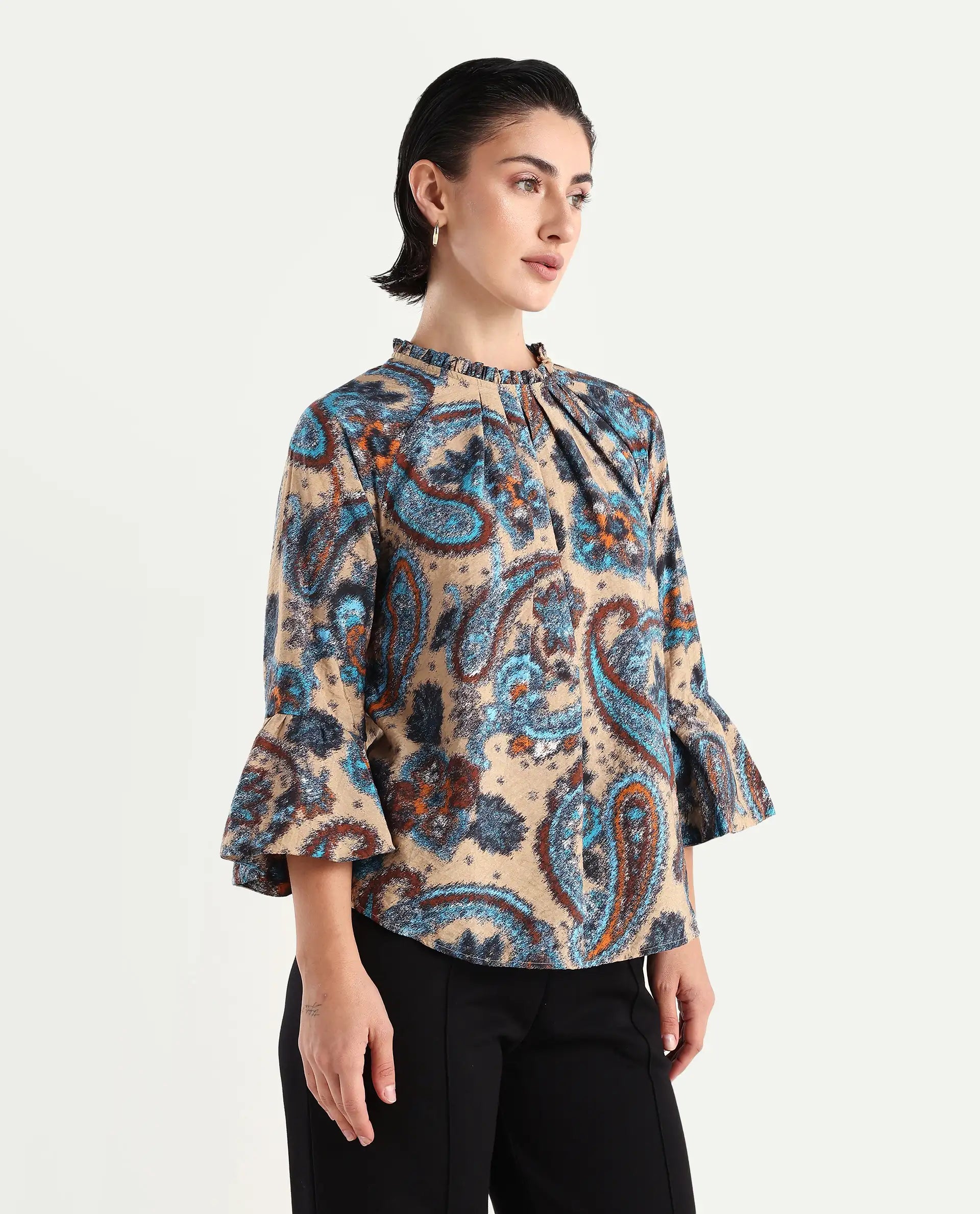 Rareism Women's Lavand Multi Nylon Blend Sweetheart Neck Paisley Print Raglan Sleeve Regular Fit Top