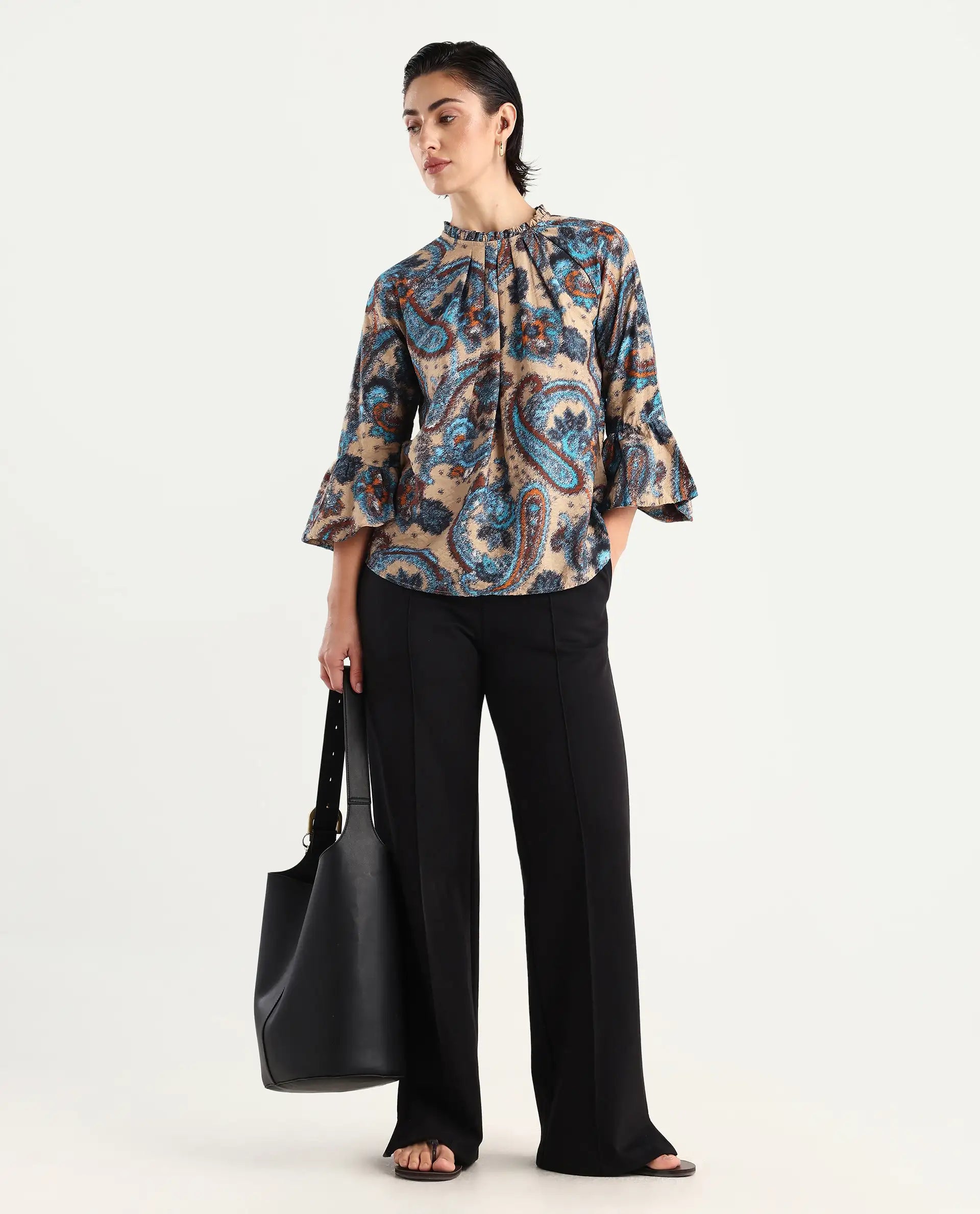 Rareism Women's Lavand Multi Nylon Blend Sweetheart Neck Paisley Print Raglan Sleeve Regular Fit Top